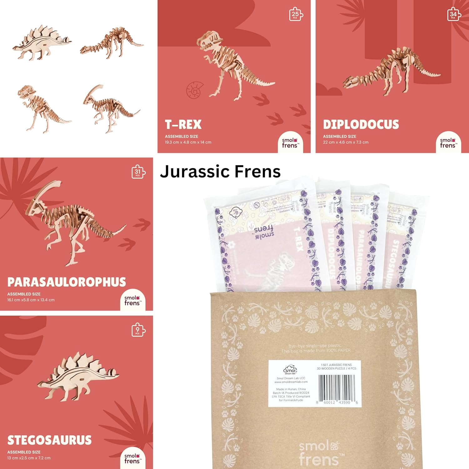 Wooden Dinosaur Puzzles for Ages 8+, 4 Pack 3D Wooden Puzzles, STEM Kits for Kids & Adults, Wood Crafts Model Kits, STEM Toys, DIY Art Projects, Educational Gifts Toys, Party Favors - Jurassic Frens