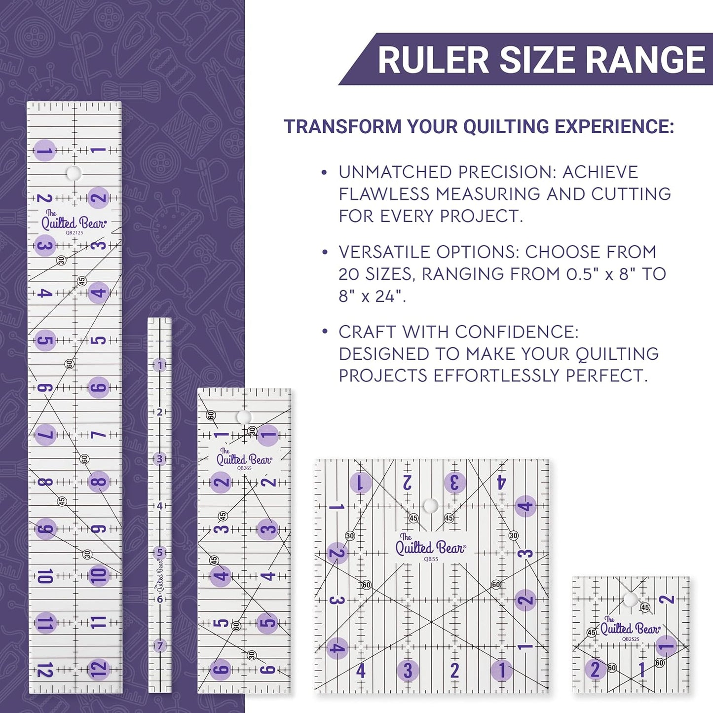 The Quilted Bear Quilting Rulers - Transparent Acrylic Non Slip Quilting, Patchwork & Sewing Ruler with Clear Black Lines & 30, 45 & 60 Degree Angles for Perfect Accuracy & Precision (6" x 6")