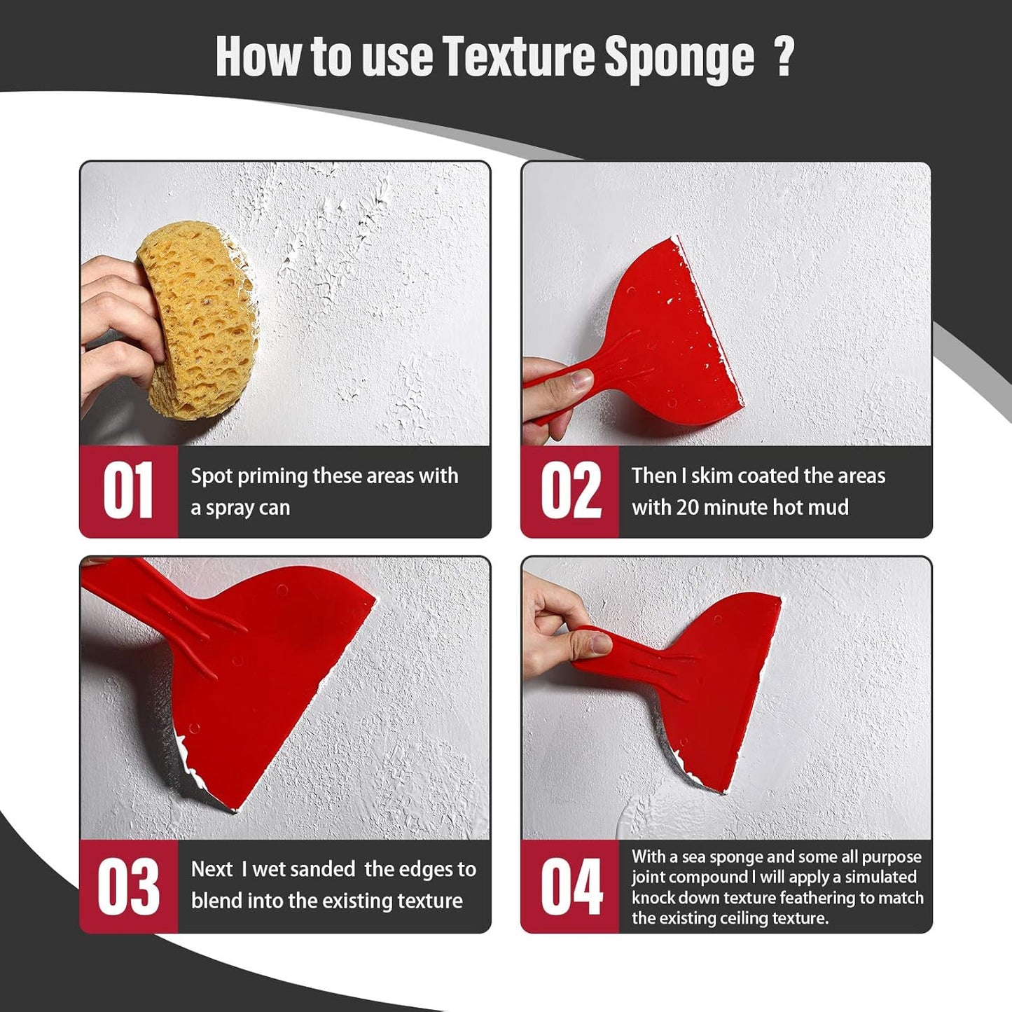 Patelai Knockdown Texture Sponge Drywall Wall Patch Ceiling Texture Sponge Home Decor for Repair DIY Painting Ceiling(4 Pieces,13 x 15 x 6 cm)