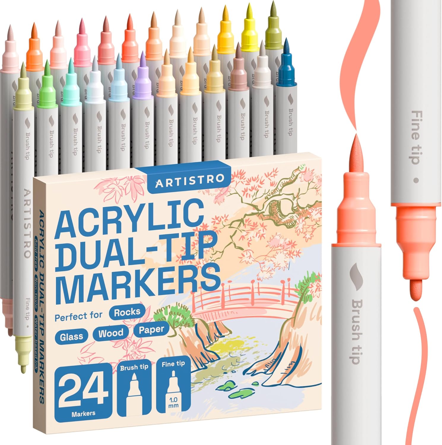 ARTISTRO 24 Pastel Dual Tip Brush + Fine Acrylic Paint Markers - Easy for All Ages & Levels Paint Pens for Fabric, Rock, Glass, DIY - Halloween Pumpkin Painting Kit, Art Supplies, Christmas Gift