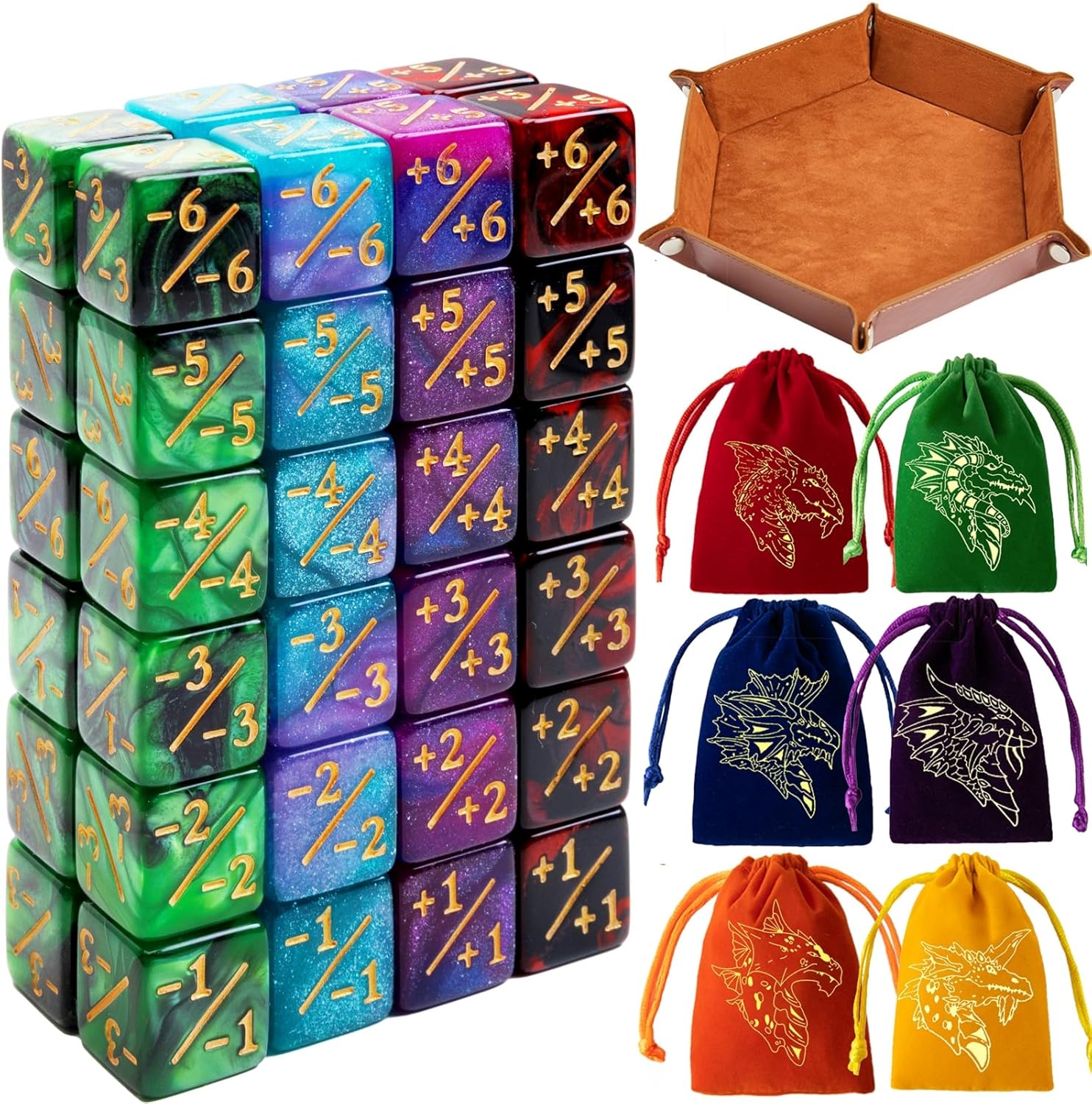Magic The Gathering Counter Dice Set 48 Pcs D6 MTG Dice Life Counters Tokens Dice for Magic Card Game Accessories with 6 Pcs Drawstring Bags and Dice Tray (Color)