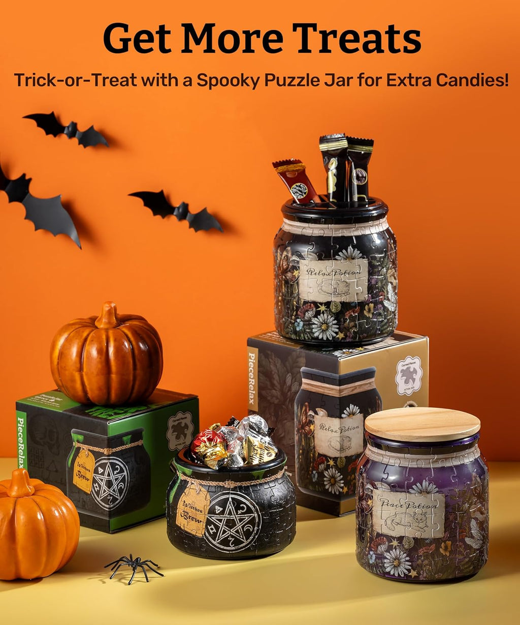 PieceRelax 3D Puzzle Jar 64 Plastic Pieces for Adults - Witches Brew - Wooden Lid Container for Kitchen Dining Study Living Room No Glue Requied Small [BC1022]