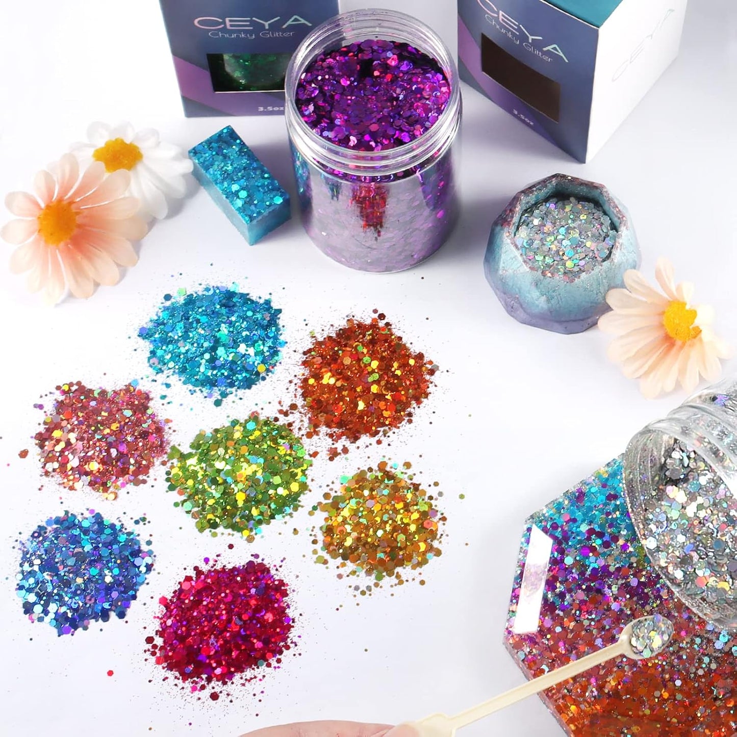 Ceya Holographic Chunky Glitter, 4.9oz/ 140g Black Craft Glitter Powder Mixed Chunky Fine Flakes Iridescent Nail Sequins for Nail Art, Hair, Epoxy Resin, Tumblers, Slime, Painting, Festival Decor