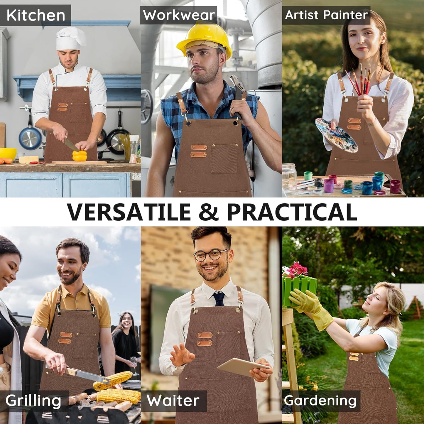 Canvas Aprons, Kitchen Chef Aprons, Work Aprons for Men Women, Adjustable Strap Aprons with 3 Pockets