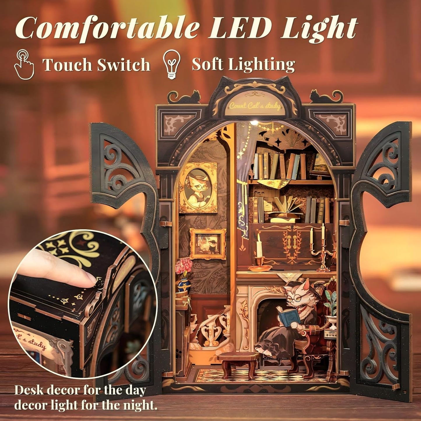 Fsolis Book Nook Kit DIY Scene Miniature Dollhouse Kit, 3D Puzzles for Adults, 108 Wooden Pieces, Bookshelf Decor Tiny House Mini Booknook Craft, Gift for Women Scale Model Lovers (Count Cat's Study)