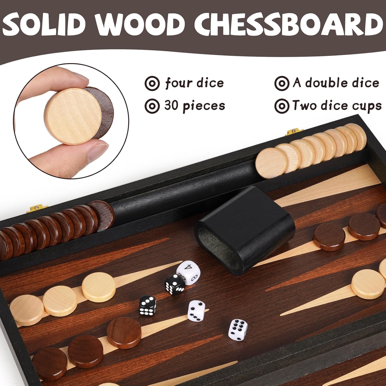 15" Wooden Backgammon Board Game Set for Adults and Kids - Portable and Travel Backgammon Set Family Game Night Vintage Backgammon Strategy Game- Classic Board Strategy Game