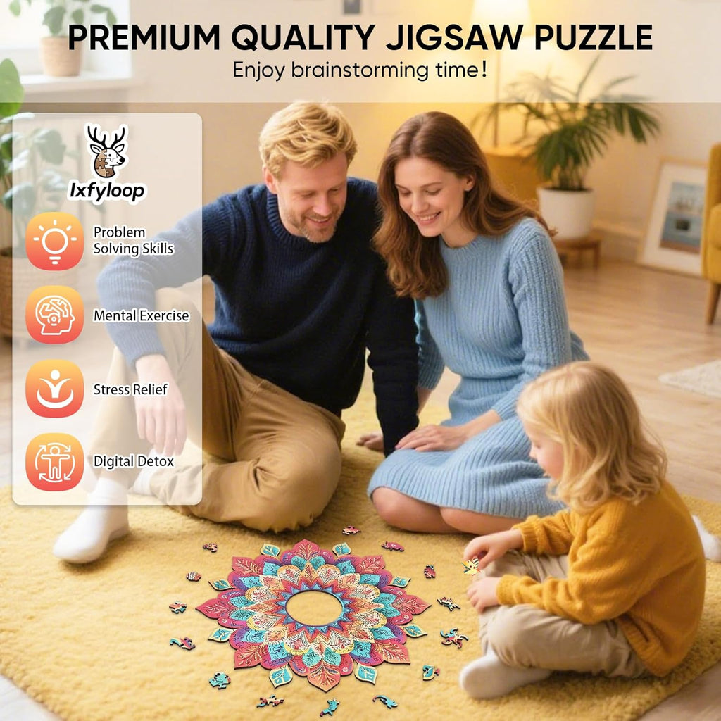 Wooden Puzzles for Adults 500 Pieces, Hollow Mandala Jigsaw Puzzles, Unique Design Color Challenge Adult Puzzles for Family Game Gift, Home Decor, 17.6x16.7 inch