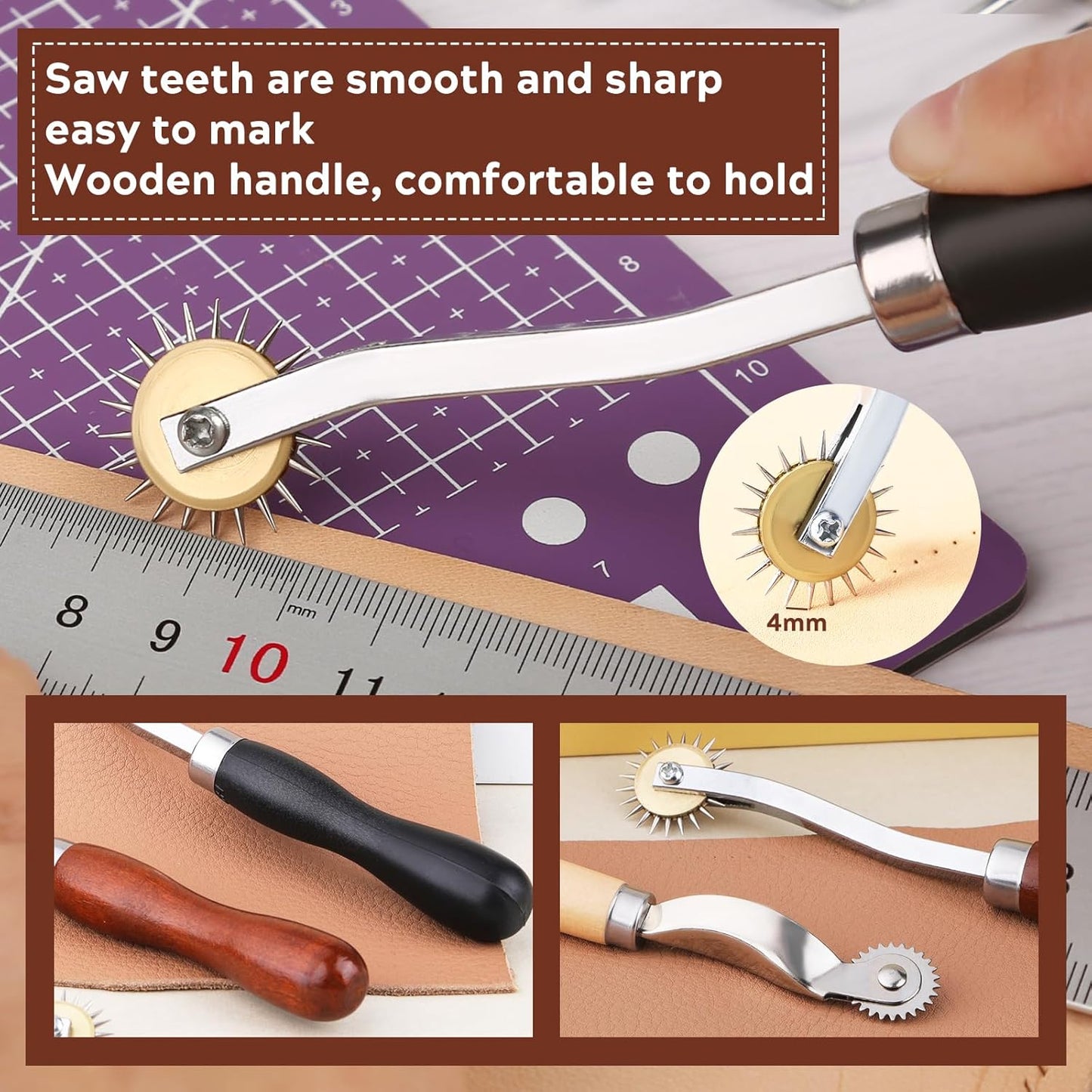 JNENERY 4PCS Tracing Wheel Sewing Tool,Professional Stitch Marking Spacer,Wood and Stainless Steel Pounce Wheel,Pounce Wheel for Sewing Patterns with Wooden Handle forTracing Paper and Leather Crafts
