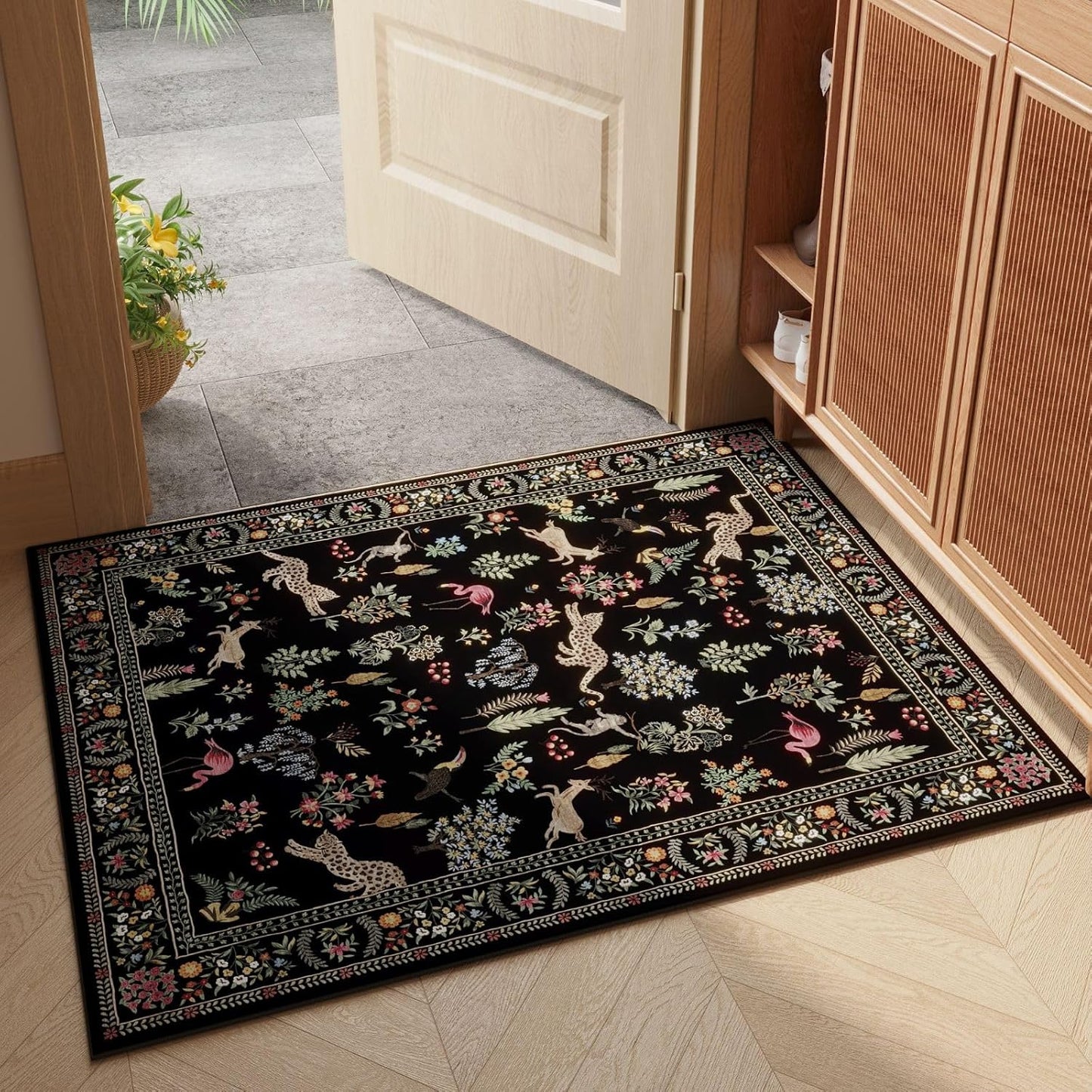 Rugcomf Door Mat Indoor Entrance 2x3 Rug Machine Washable Boho Floral Animal Small Area Rug Non-Slip Low Pile Throw Rugs for Entryway, Kitchen, Front Door Indoor Entrance, Entry, Kids Room (Black)