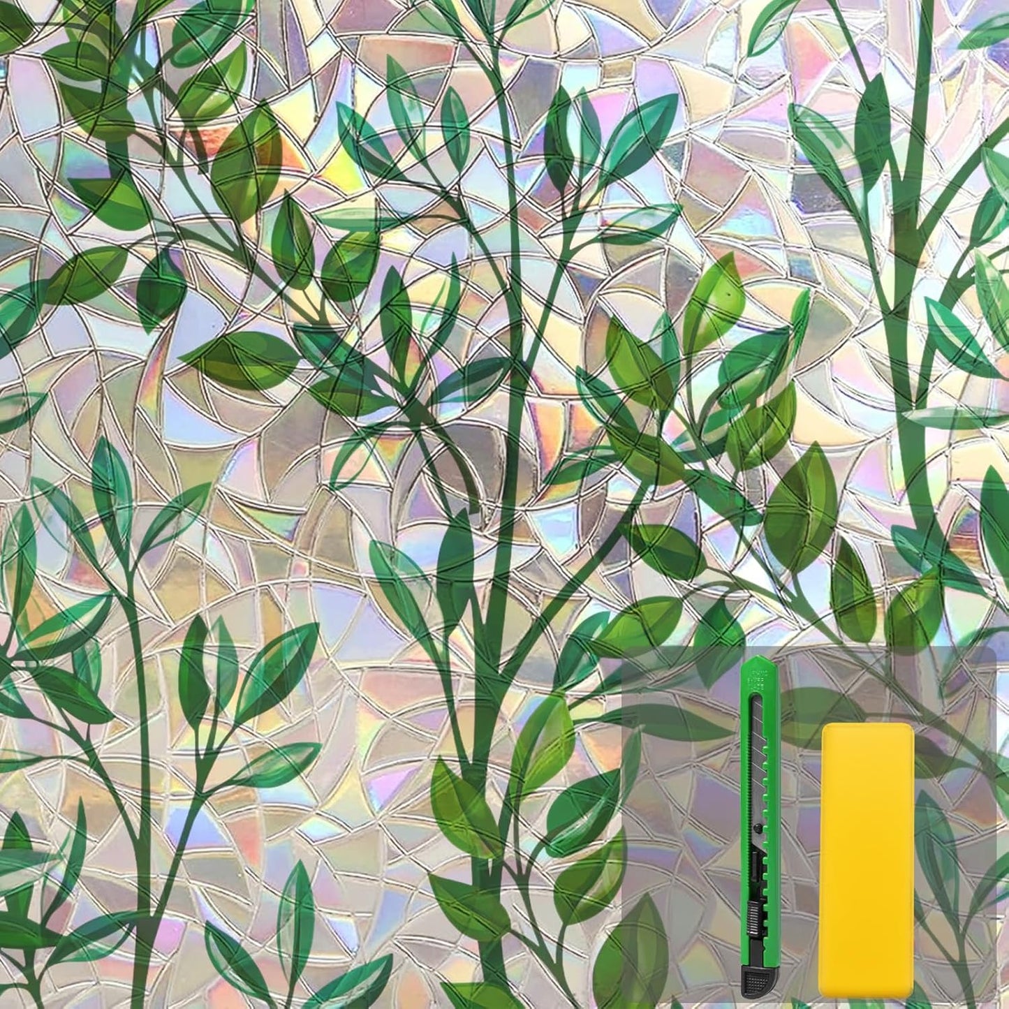 Niviy Window Privacy Film Stained Glass Window Film with Installation Tools, Rainbow Windows Decorative Decals Non-Adhesive Reusable for Home, Bathroom, Glass Door (Leaf Rainbow, 17.5 x 78.7 in)