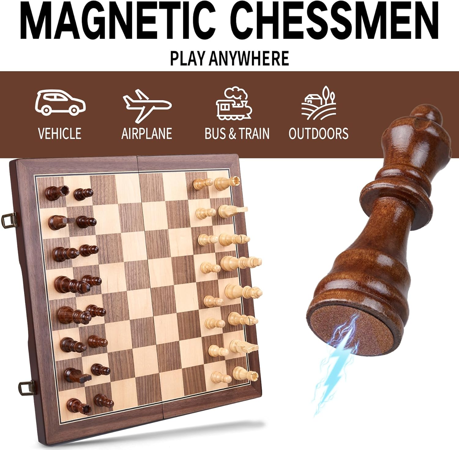 AMEROUS 15'' Magnetic Wooden Chess Set for Adults Kids - with Folding Board, Gift Package, Pieces Storage Slots, Handmade Pieces,Chess Board Game Set for Tournament Professional Beginner