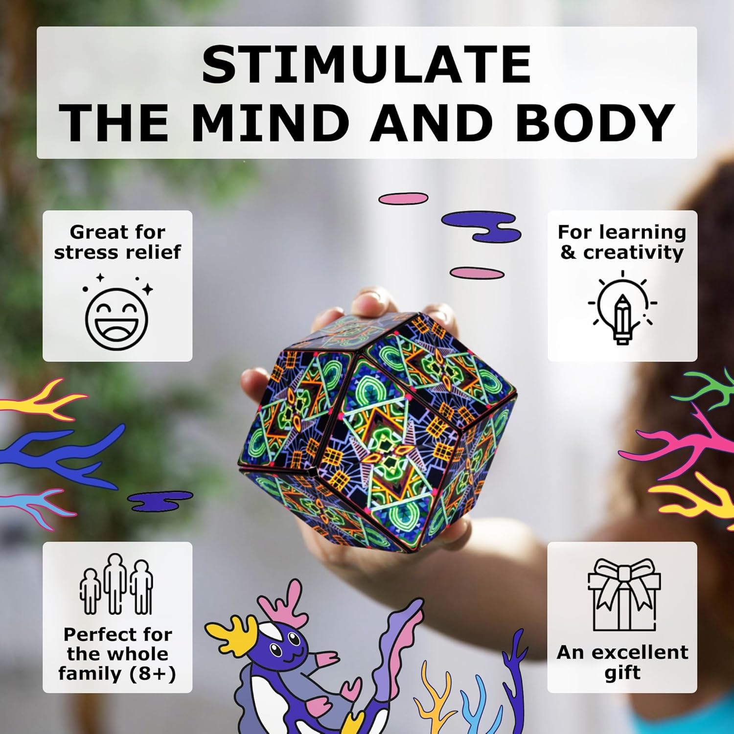 SHASHIBO Shape Shifting Box - Award-Winning Fidget Toy w/ 36 Rare Earth Magnets - Fidget Cube Transforms Into Over 70 Shapes, Sensory Toy Gift for Kids, Teens, and Adults (Glowquarium)