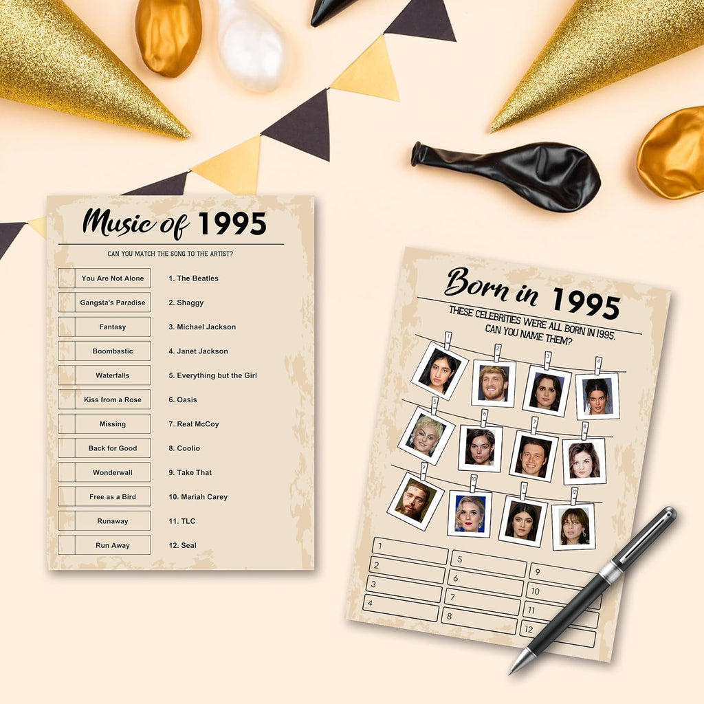 QUPT 30th Birthday Party Games, Set of 5 Activities for 10 Guests, Born in 1995 Games Bundle, Birthday Party Supplies for Adults, Pack of 50 Cards