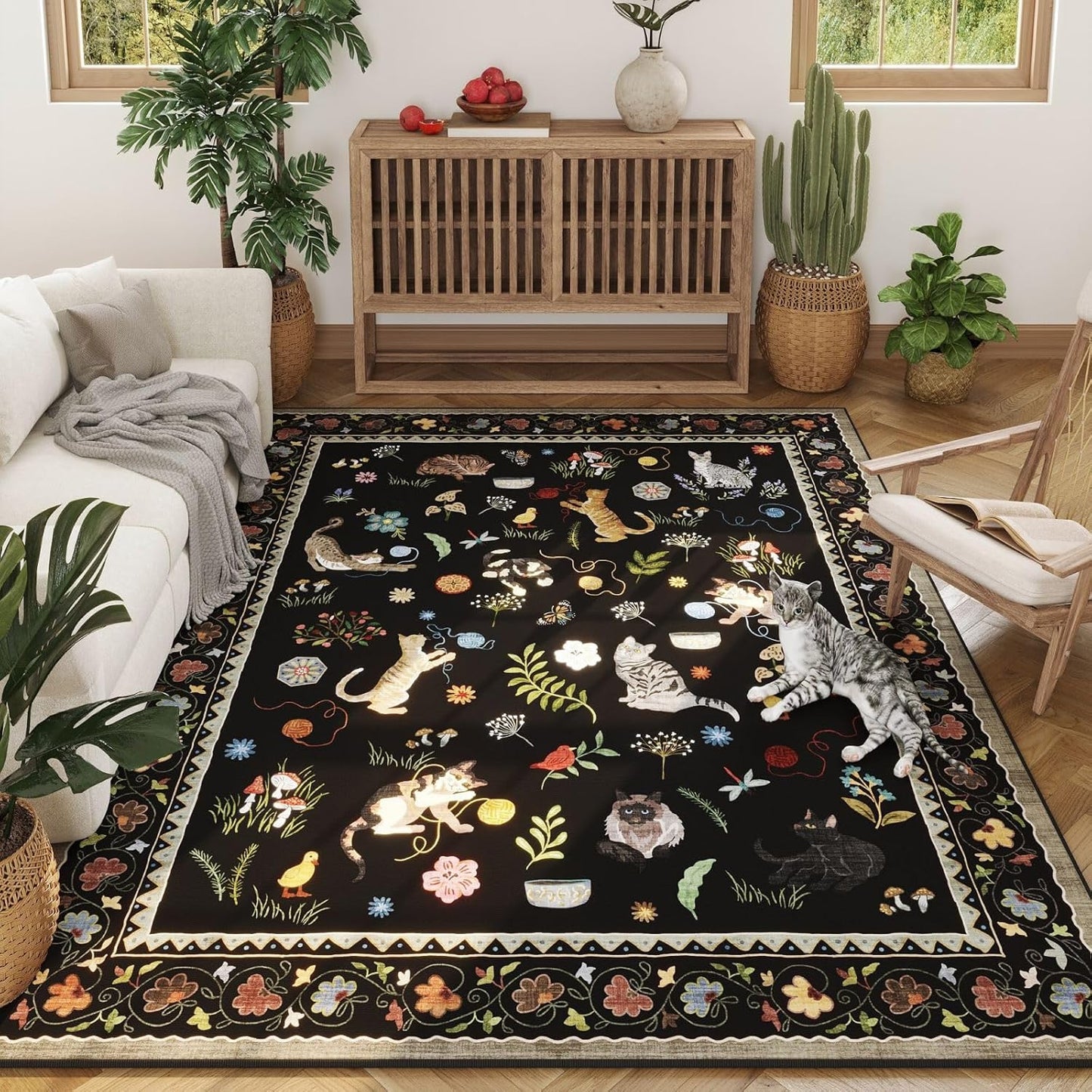 Rugcomf Area Rugs 9x12 Living Room Clearance Washable Boho Rug Non Slip Floral Animal Cat Vintage Low Pile Large Rug for Living Room Bedroom Farmhouse Dining Room Kids Playroom, Black