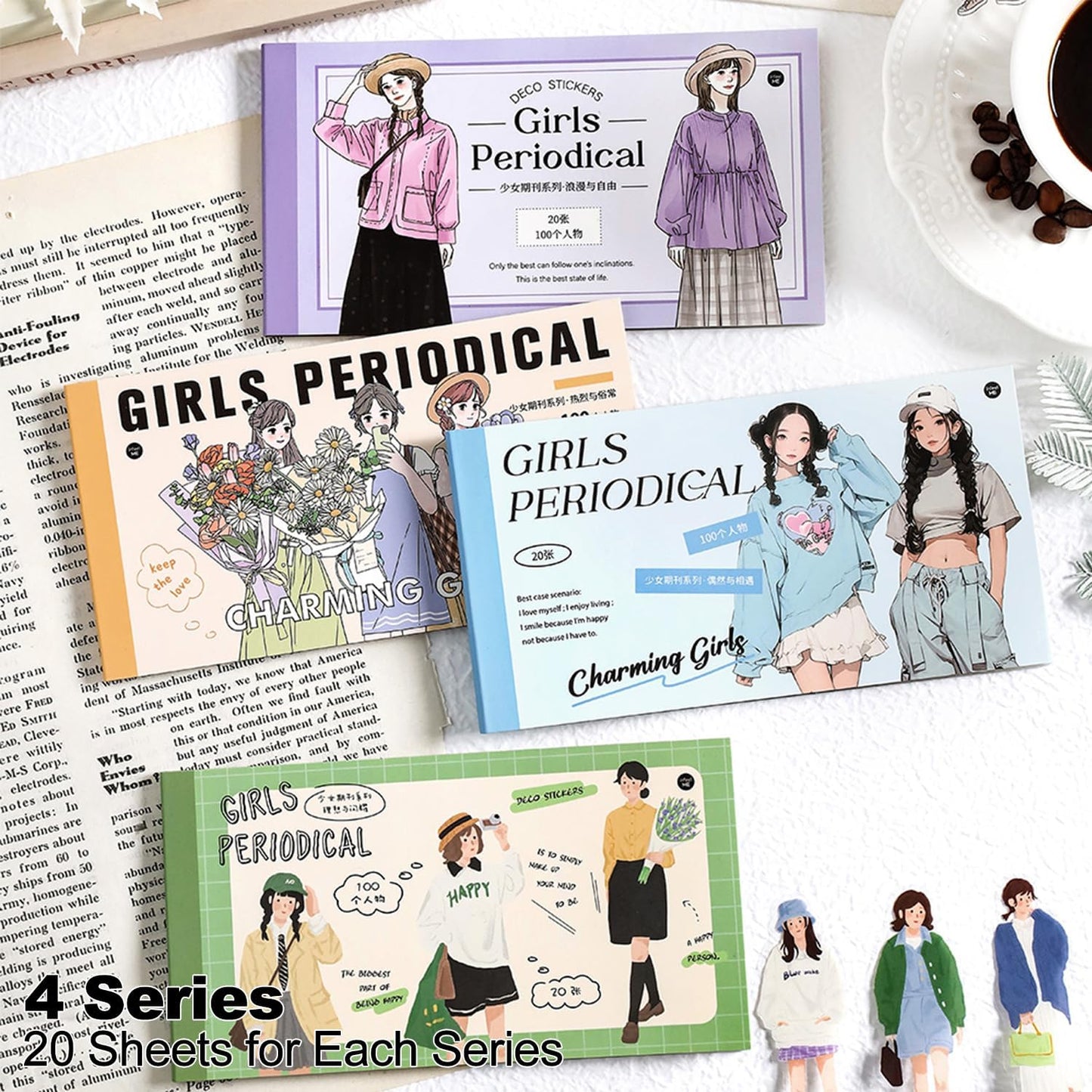 4Pcs PET Girl Sticker Books, Pre-Cut Fashion Designs for Scrapbooking, DIY Crafts, Waterproof Journaling Supplies, Junk Journal Ephemera, Includes Organizer