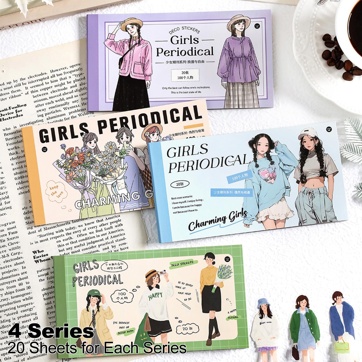 4Pcs PET Girl Sticker Books, Pre-Cut Fashion Designs for Scrapbooking, DIY Crafts, Waterproof Journaling Supplies, Junk Journal Ephemera, Includes Organizer