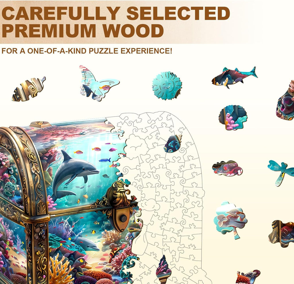 Wooden Puzzles for Adults, Treasure Chest Ocean Wooden Jigsaw Puzzle Unique Shape Animal Wood Puzzles Adult 3D Visual Effect, Birthday Gifts for Puzzle Lovers Family Games (M-11.4 * 11in-190pcs)
