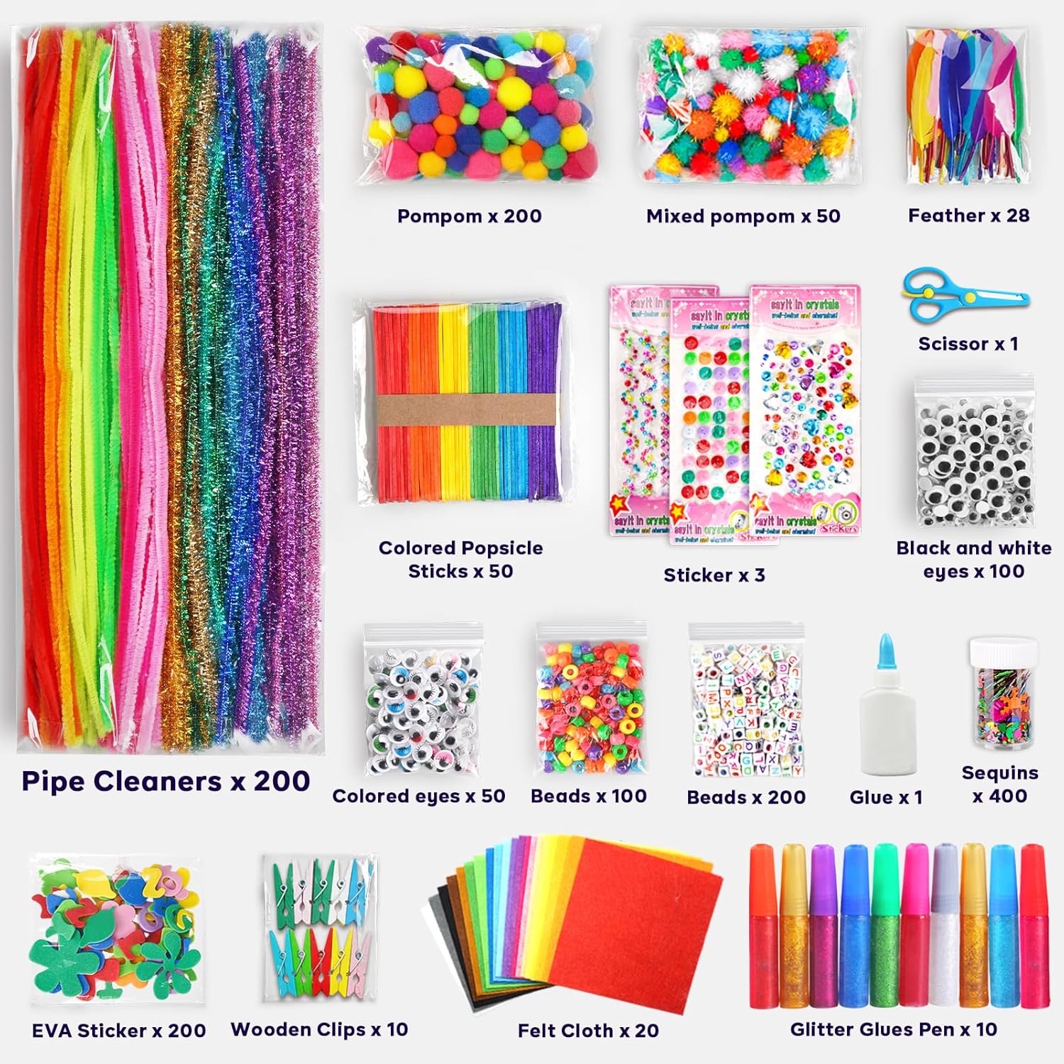 FUNZBO Arts and Crafts Supplies for Kids -Kids Craft Kit with Pipe Cleaners, Popsicle Sticks, Pompoms & Stickers, All in One Homeschool Supplies, Toys Crafts for Girls Boys Age 4+