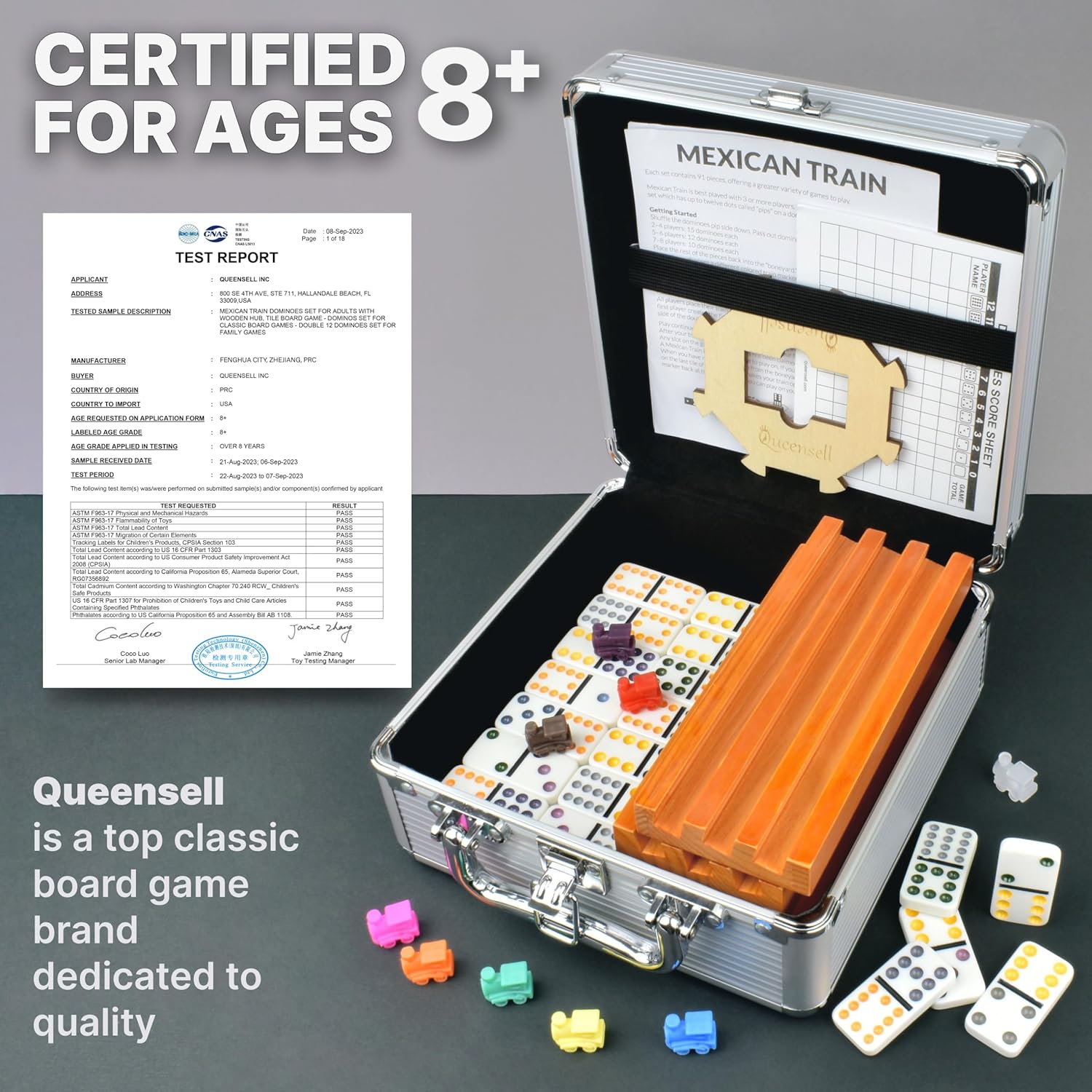 Queensell Mexican Train Dominoes Set with 8 Holders - Wooden Hub and Tiles Holders - Double 12 Tiles with Dots (D12 + 8 Holders)