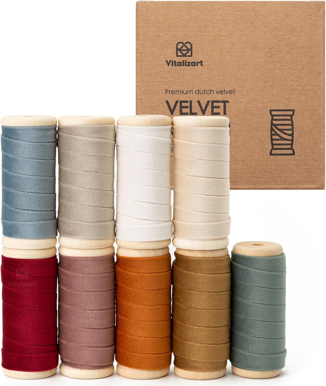 Vitalizart Velvet Ribbon Set 3/8" x 45 Yd Wooden Spool Fabric Trim for Christmas Wreath Decoration Handmade Craft Ornaments Gift Wrapping Bow Making 9 Rolls * 5 Yd