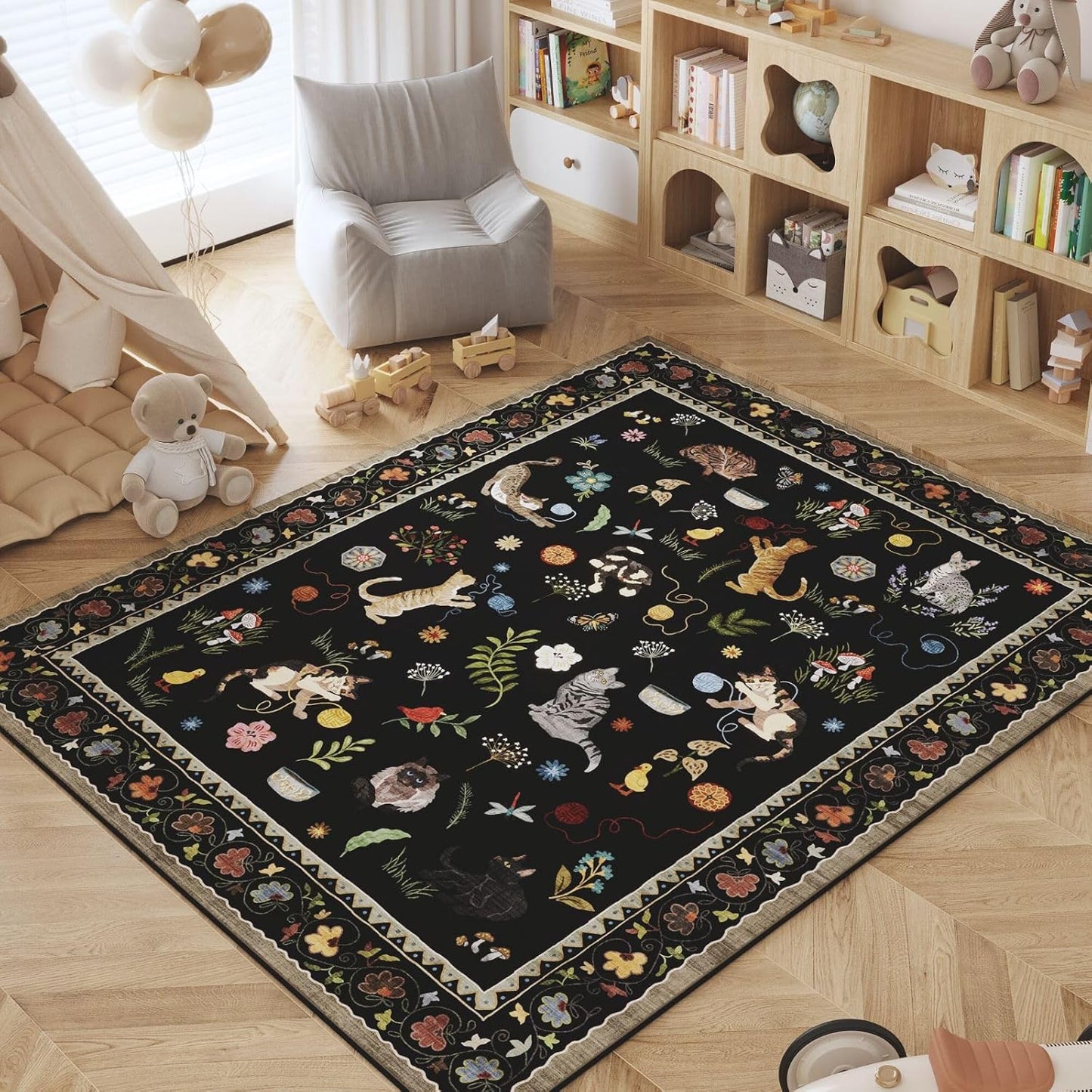 Rugcomf Bedroom Rug 3x5 Rug Washable Area Rug Non Slip Low Pile Boho Floral Animal Cat Small Carpet for Bedroom Bedside Kitchen Entryway Kids Room Office College Dorm Essentials for Girls, Black