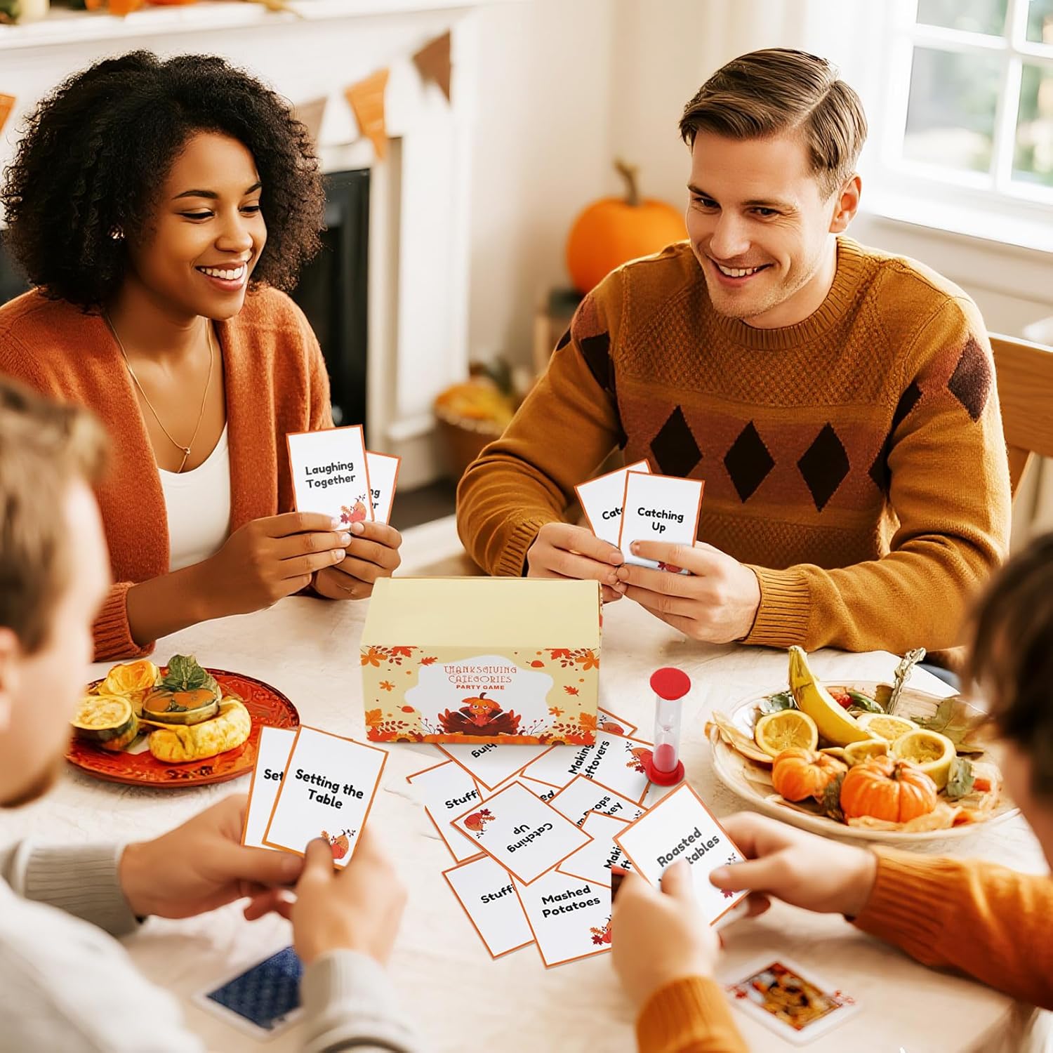 Yexiya Thanksgiving Charades Game for Family Party - 310 Cards with 1 Min Sand Timer & Blank Cards Turkey Day Family Game for Adults Groups