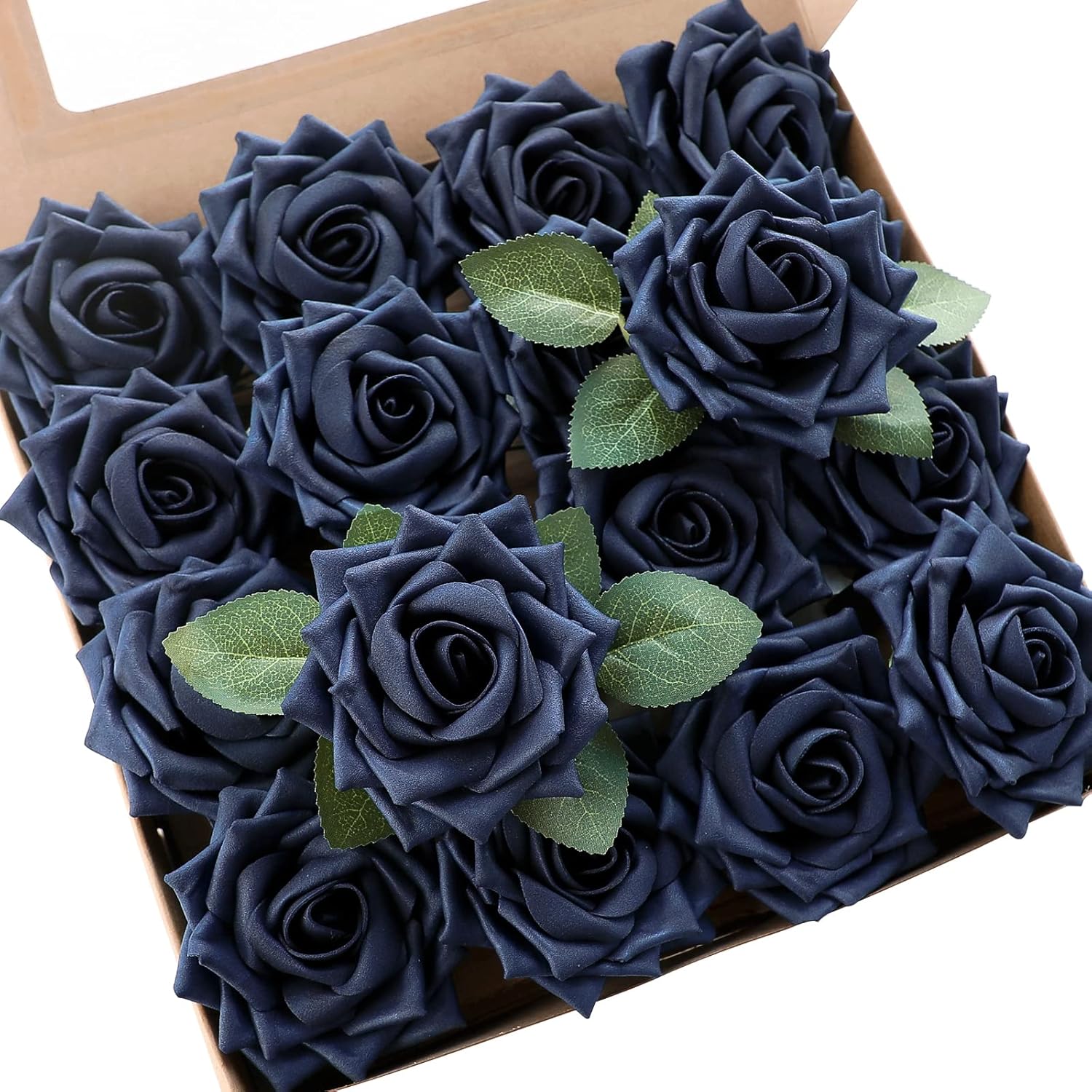 Floroom Artificial Flowers 16pcs 3.5" Real Looking Navy Blue Foam Fake Hybrid Tea Roses with Stems for DIY Wedding Bouquets Bridal Shower Centerpieces Floral Arrangements Party Tables Home Decoration