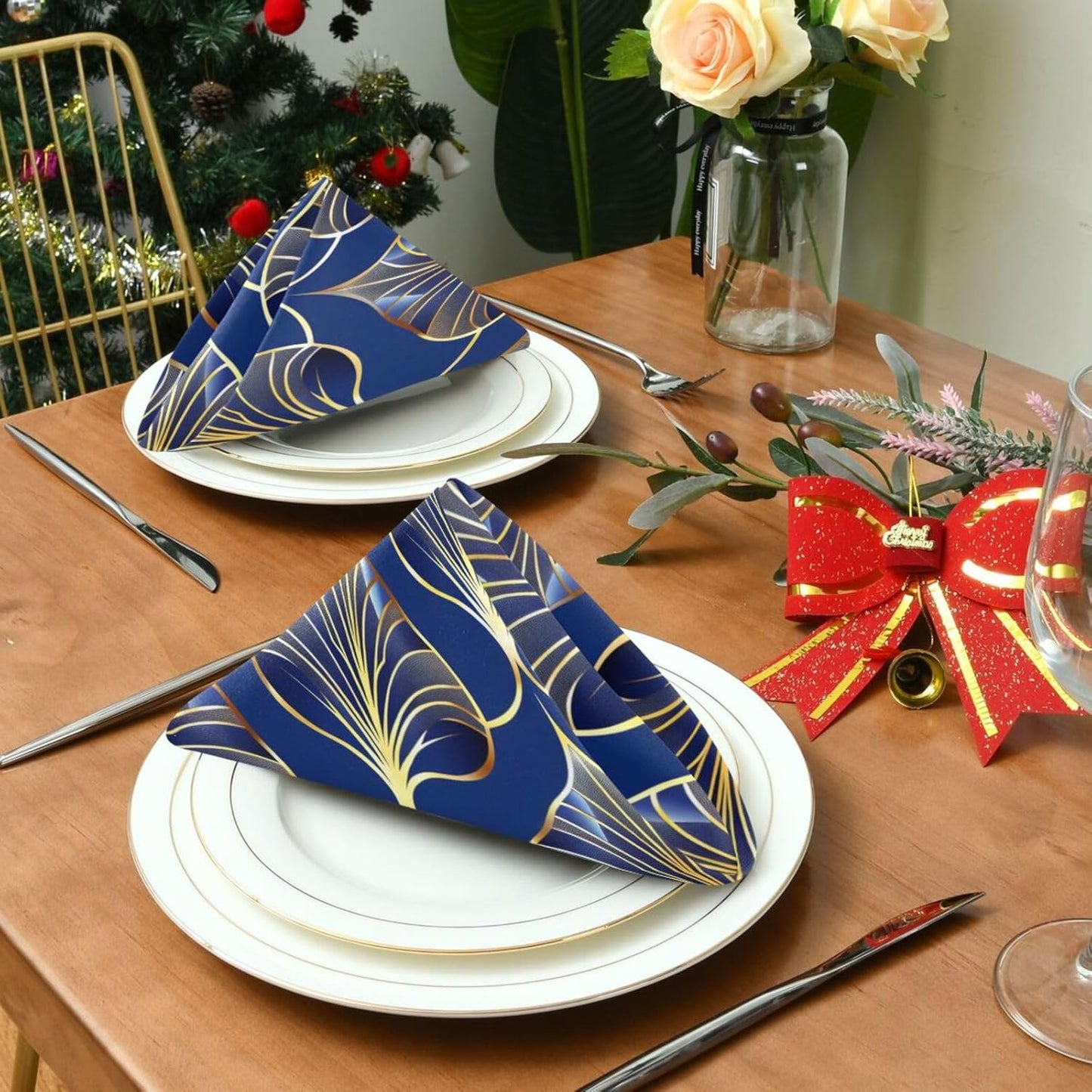 ALAZA Art Deco Floral Royal Blue & Gold Cloth Napkins Set of 4, 20x20 Inch Washable and Reusable Napkin for Decoupage Dinner Party Everyday Use