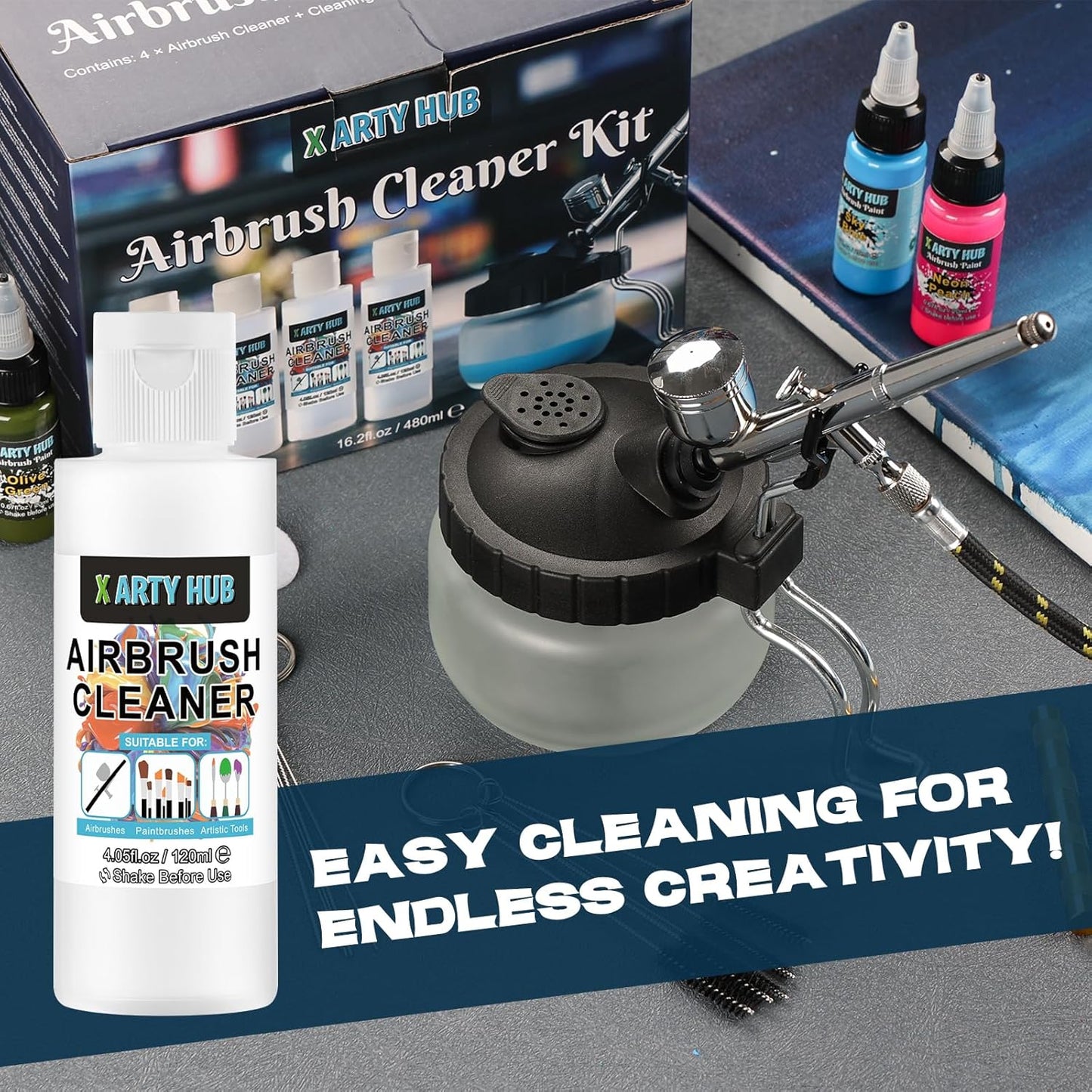 X ARTY HUB Airbrush Cleaning Kit - 4 * 4.05 fl oz / 120 ml Airbrush Cleaner with Glass Cleaning Pot, Easily Handle Water-Based and Acrylic Paints, for Airbrushes & Other Artistic Tools