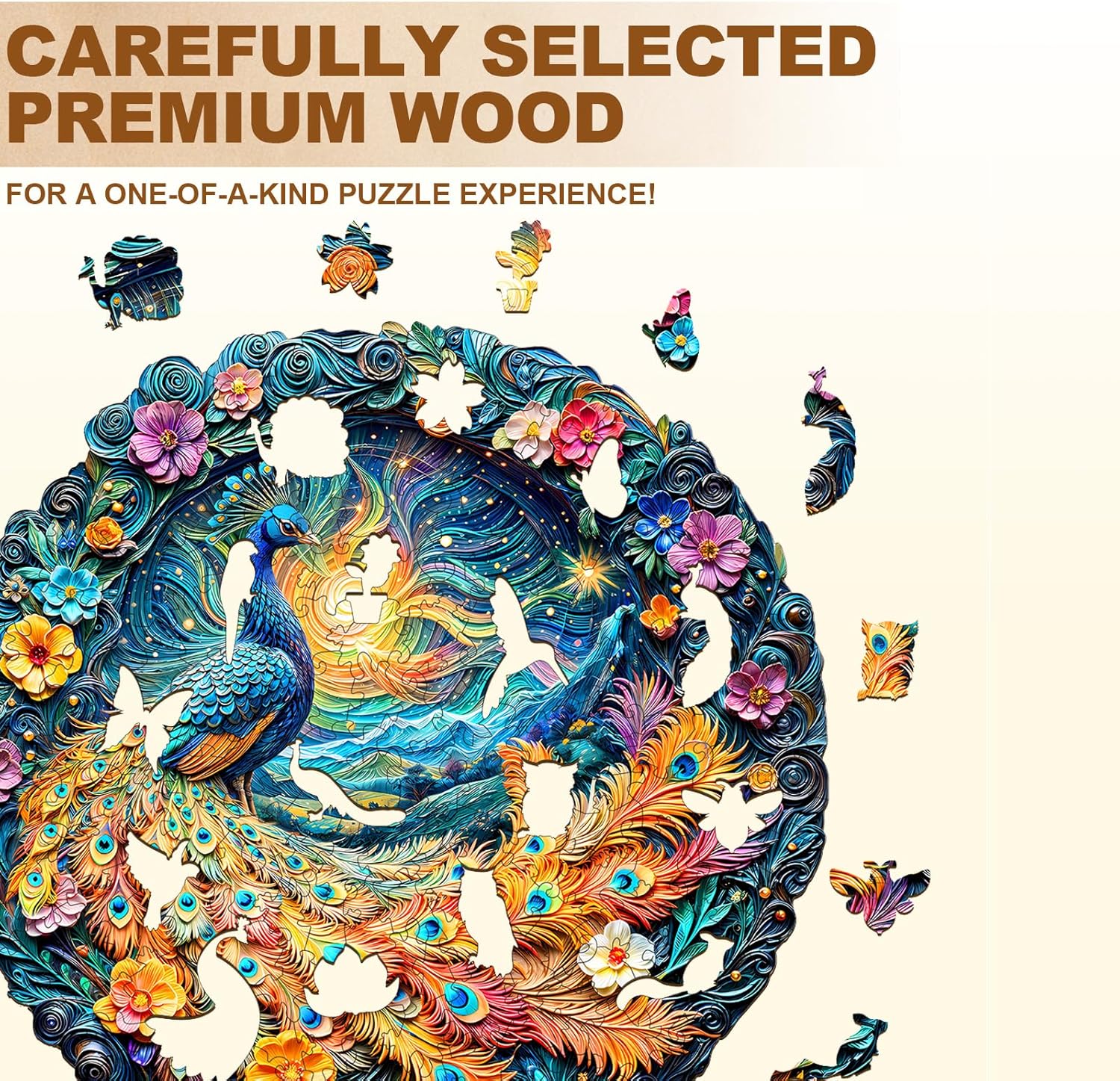 Wooden Puzzles for Adults,Peacock Puzzle, Unique Shaped Wooden Jigsaw Puzzles for Adults, Family Puzzle(13.4 * 13.4 in 300pcs)