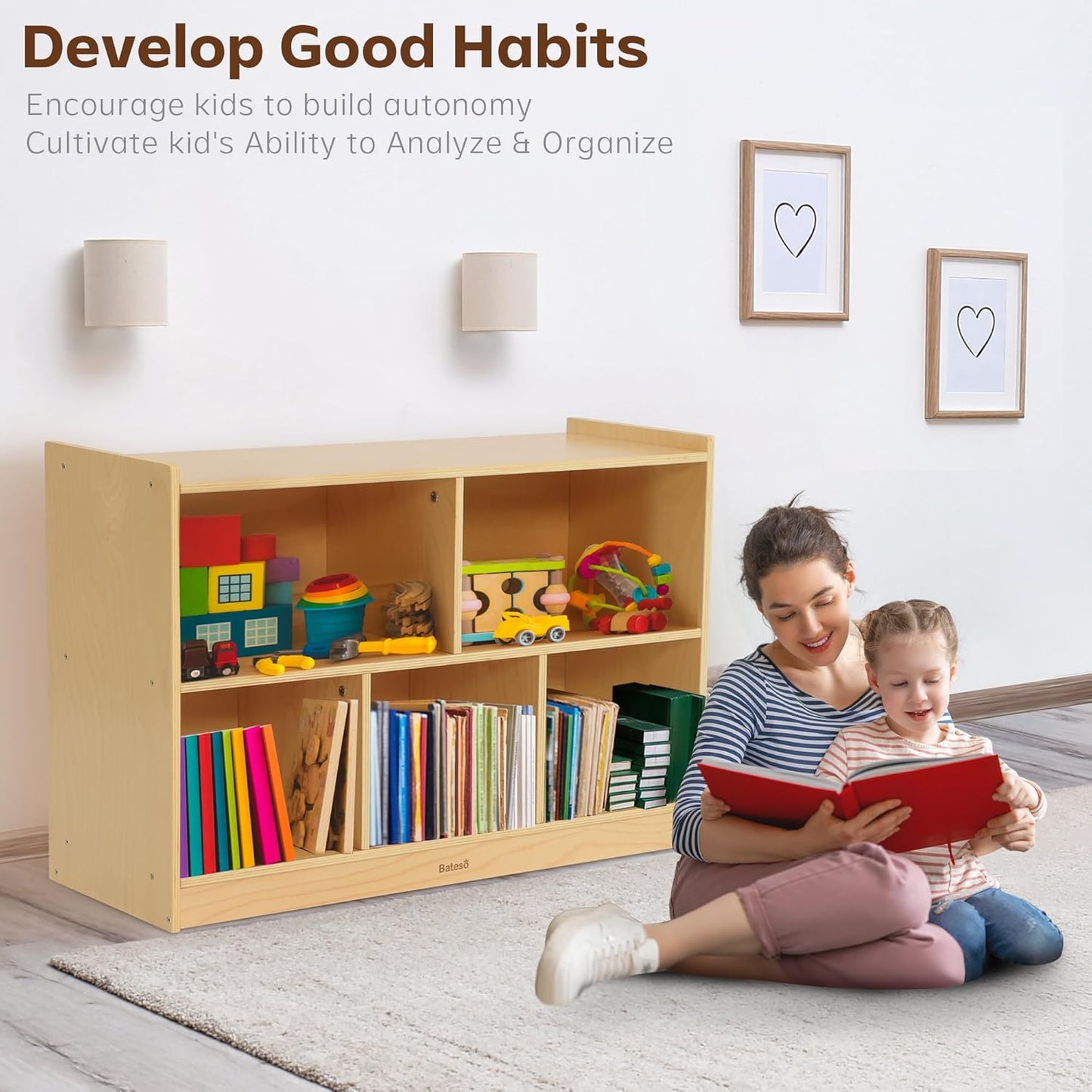 Toy Storage Organizer for Kids Room, Wooden Kids Bookshelf for Classroom, Cube Storage Organizer for Playroom, 5-Section Montessori Bookshelf & Toy Shelf for Nursery