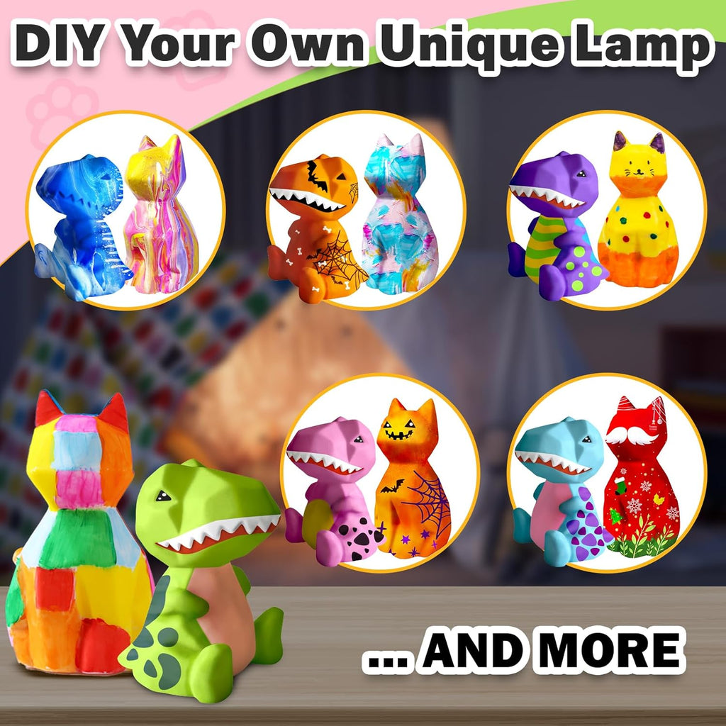 FUNZBO 2Pcs Paint Your Own Dinosaur & Cat Lamp - Halloweens Arts and Crafts Supplies Painting Kits for Kids Teen, DIY Night Light Toy for Toddler Girl Boy Age 3 4 5 6 7 8 9 10 11 12 13 + Birthday Gift