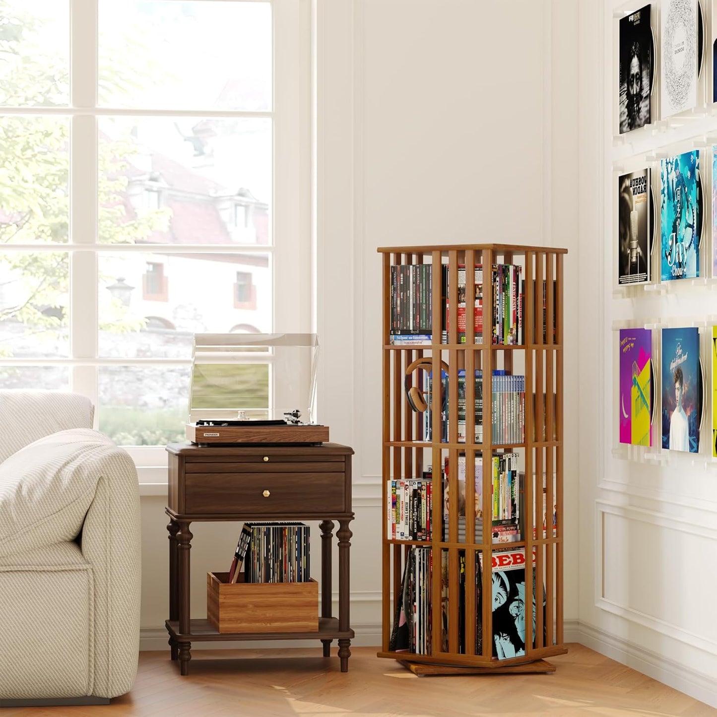 XIMN 360° Rotating Bamboo CD/DVD Shelf - 6-Tier Space-Saving Media Storage Cabinet for Movies, Organizer with Super Compact Design (Walnut, 4 Tier)