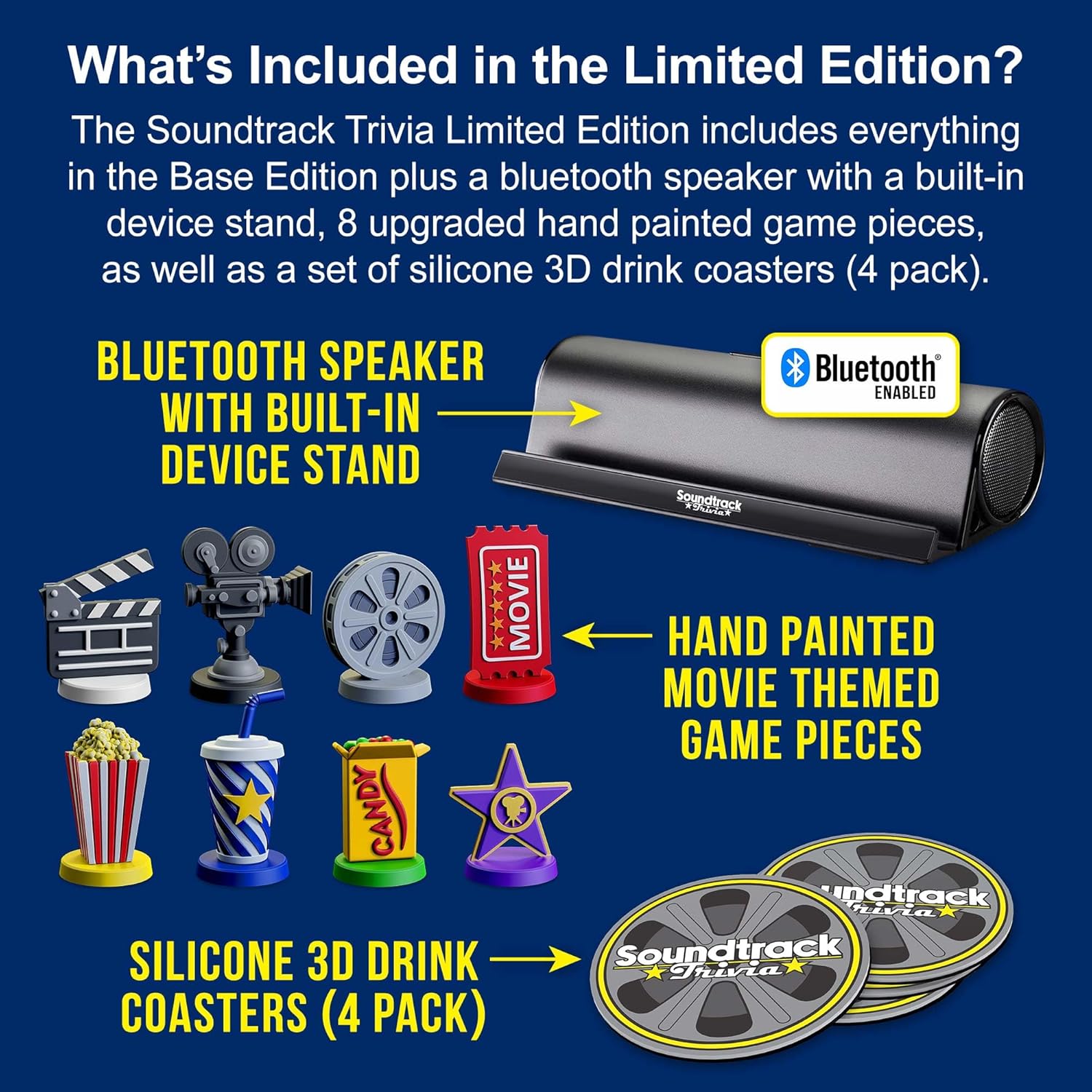 Soundtrack Trivia Limited Edition Movie Game Includes Bluetooth Speaker, Hand Painted Pieces and Coasters, Name The Movie from a 15 Second Music Clip, Board Game for Family, Adults, Kids Ages 8+