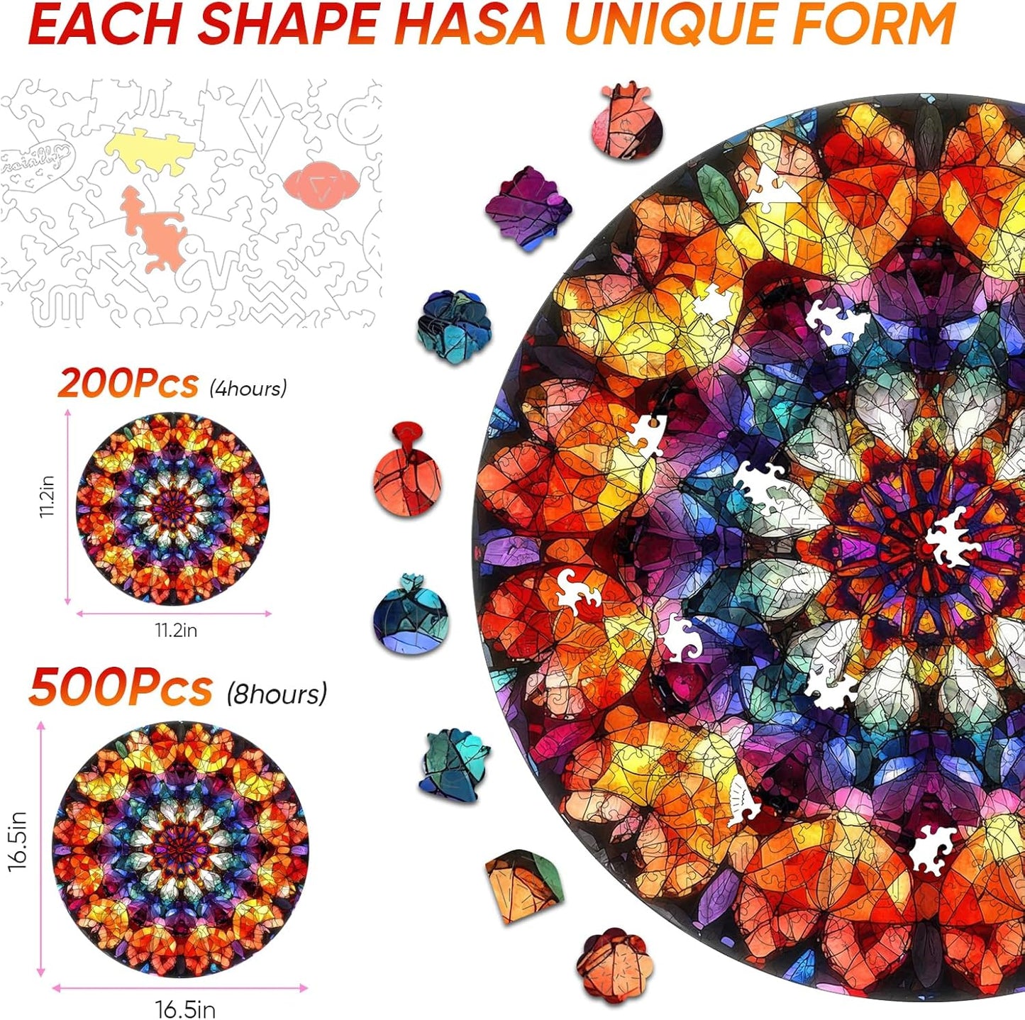 Wooden Jigsaw Puzzles - Crystal Mandala Wooden Puzzles for Adults 500 Pcs, 16.7'' Luxurious Shaped Wood Puzzle, Beautiful Package, Best Gift Toys for Adults and Kids, Family Game