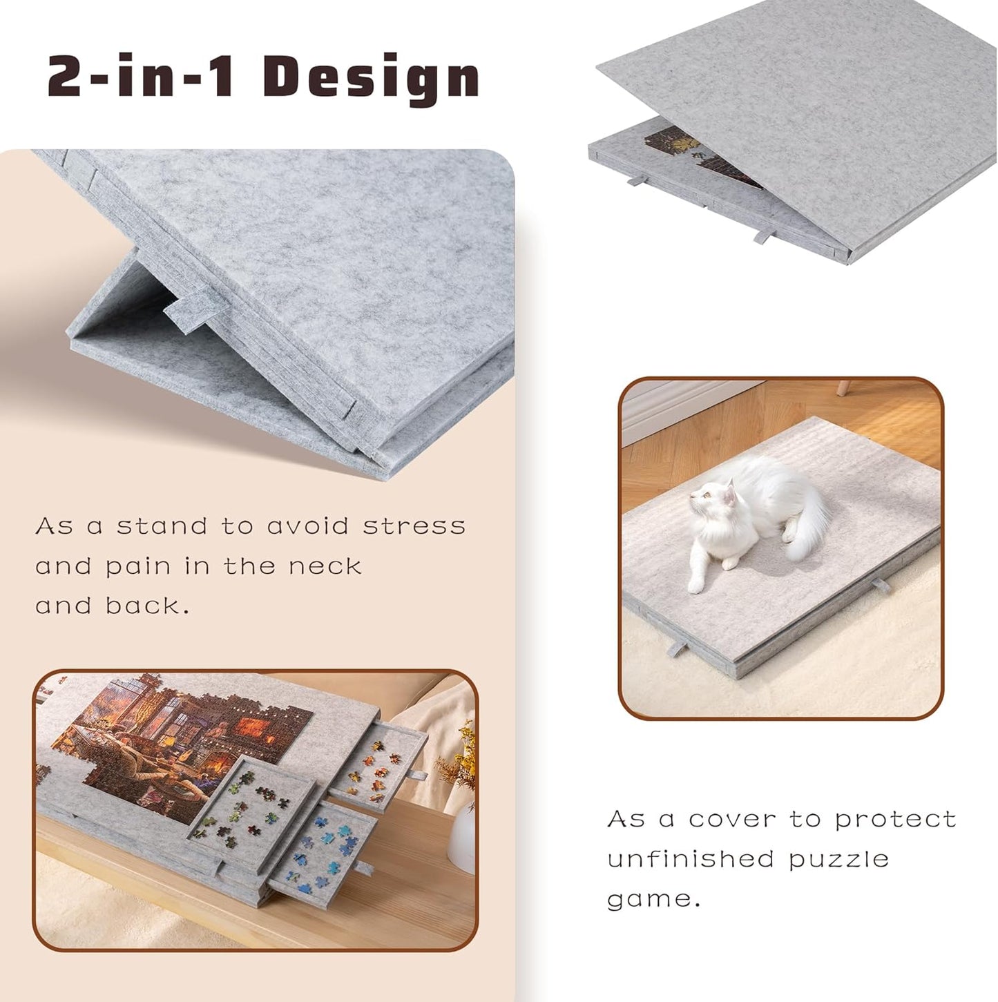 Lavievert Tilting Puzzle Board with 2-in-1 Designed Stand & Cover, Super Lightweight Felt Puzzle Plateau with 6 Drawers for Adults, Portable Jigsaw Puzzle Table for Up to 1000 Pieces – Light Gray