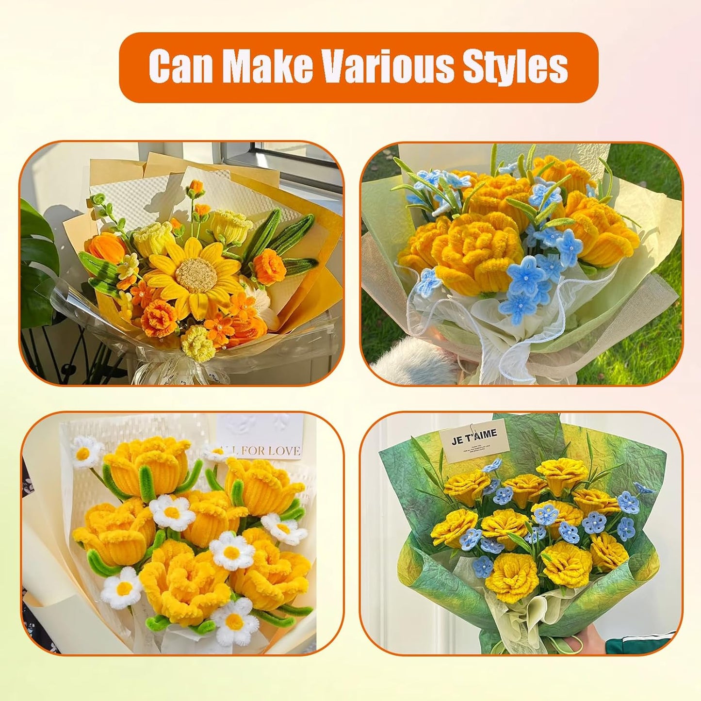 400 Pcs Pipe Cleaners Craft Set, 5 Assorted Pipe Cleaners Bulk, Chenille Stems for DIY Flower Making Kit with Floral Stems, Gardening Tape, Stamen, Ribbon for DIY Bouquet Gift (Sunflower)