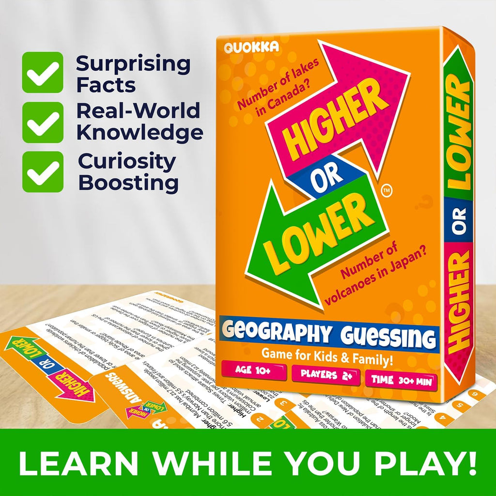 QUOKKA Trivia Board Games for Kids and Adults - Version V2.0 - Family Night Geography Games 4xSet Higher or Lower Trivia Cards | Guess Fun Questions | 2 + Players - Challenge Your Geography Knowledge