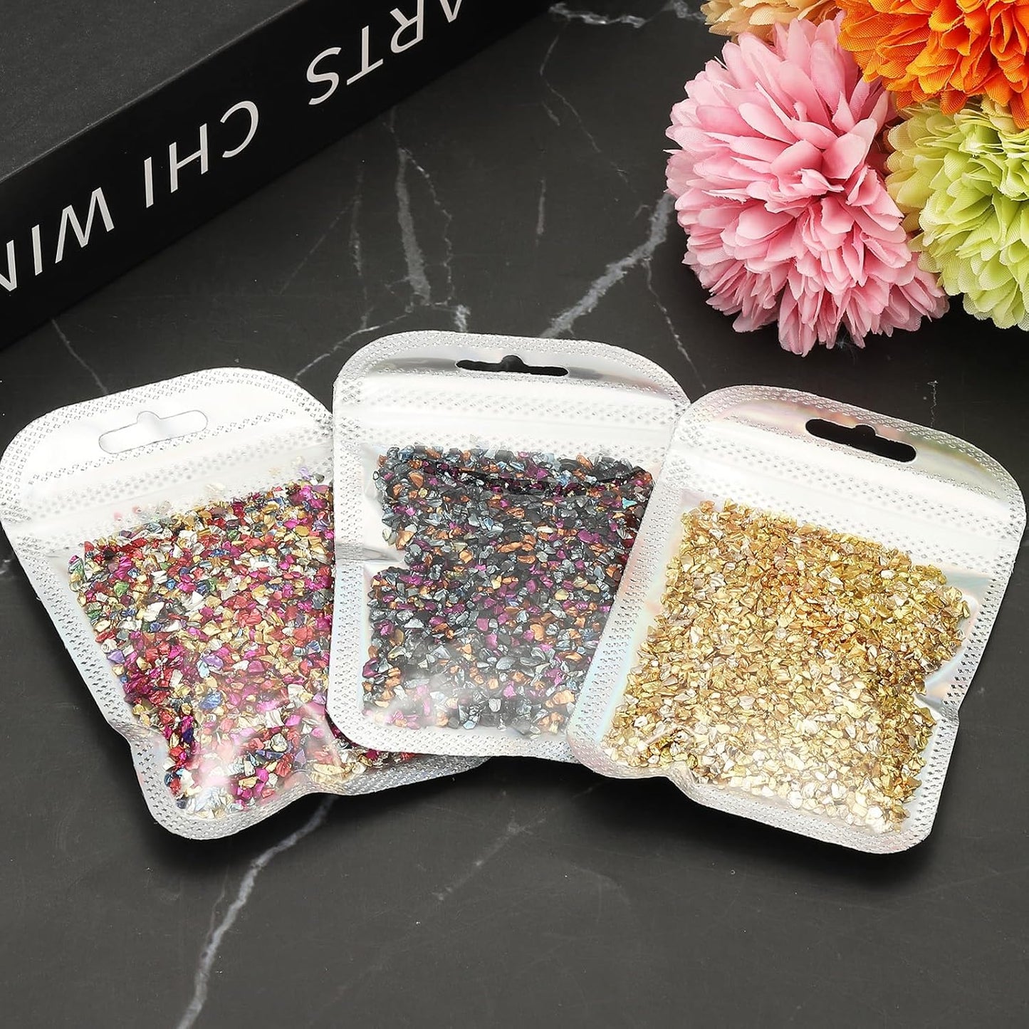 uxcell 6 Colors Crushed Glass Chips, 1-3mm Irregular Glitter Metallic Glass Broken Glasses Pieces with Laser Bag for Craft DIY Vase Epoxy Halloween Decoration 33g Gold Color Series