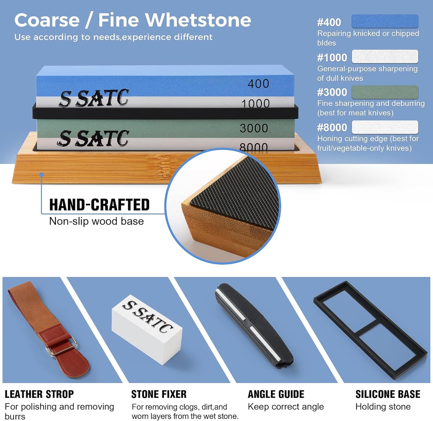 S SATC Knife Sharpening Stone Whetstone 4 Side Grit 400/1000 3000/8000 Stone Knife Sharpeners with Nonslip Rubber Bases, Wood Base, Flattening Stone, and Leather Strop