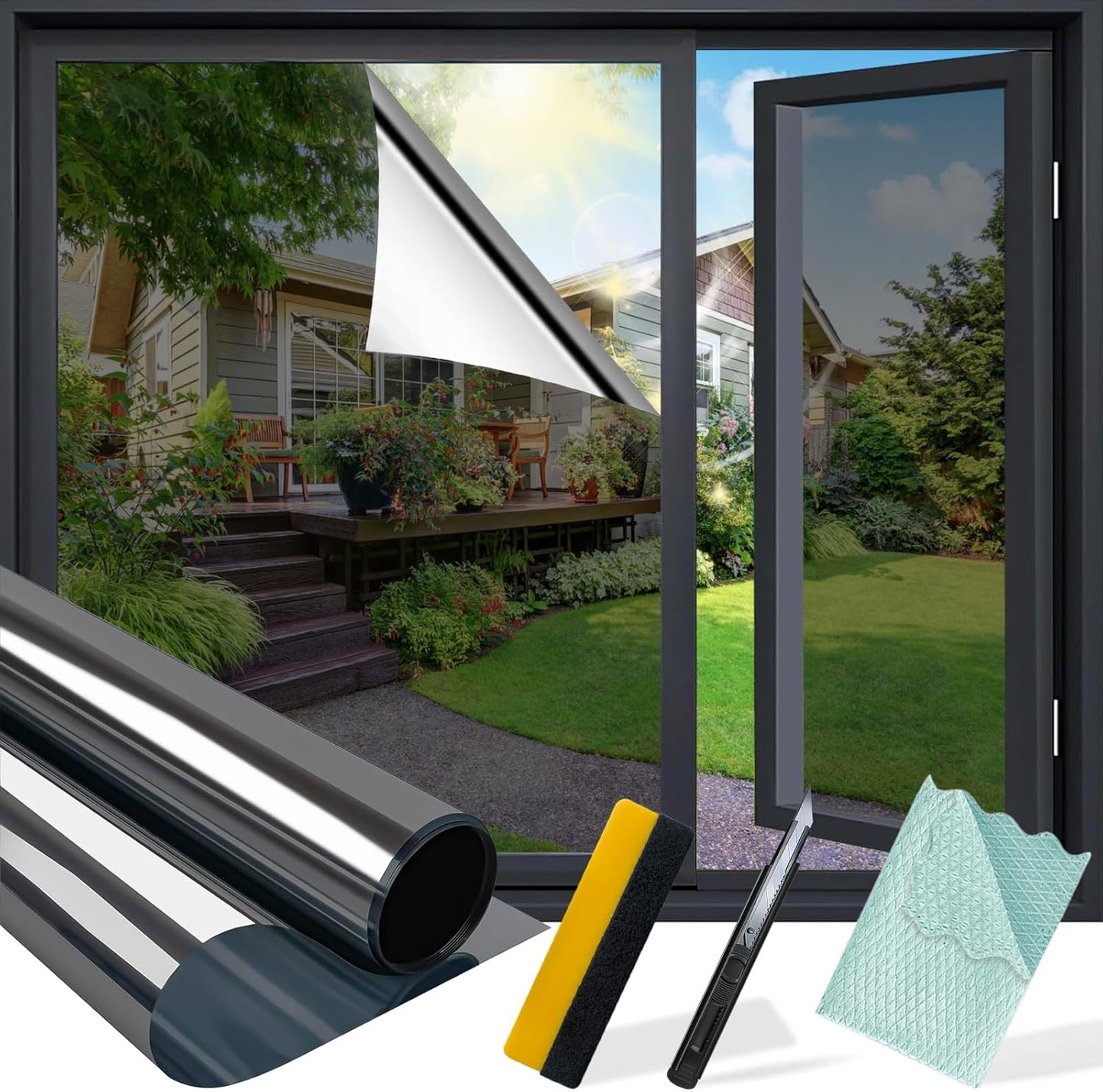 Niviy One Way Window Privacy Film with Installation Tools, Window Tint for Home, Mirror Window Film See Out Not in for Home Office, Black Silver, 17.5 Inch X 78.7 Inch