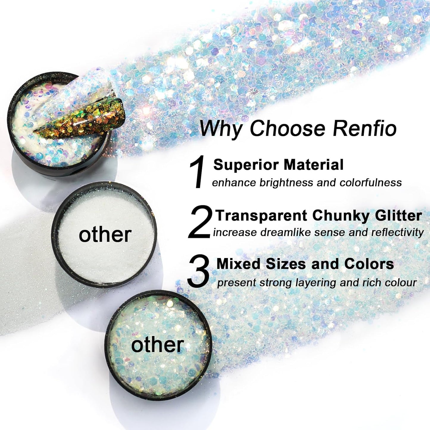 Renfio Opal Chunky Glitter, 1.75oz/50g Gold Glitter, Dreamy High Sparkle Glitter for Crafts Holographic Fine Glitter Mix Iridescent Glitters Flake for Resin Nails Hair DIY Snow Globe - Lakeside Leaf