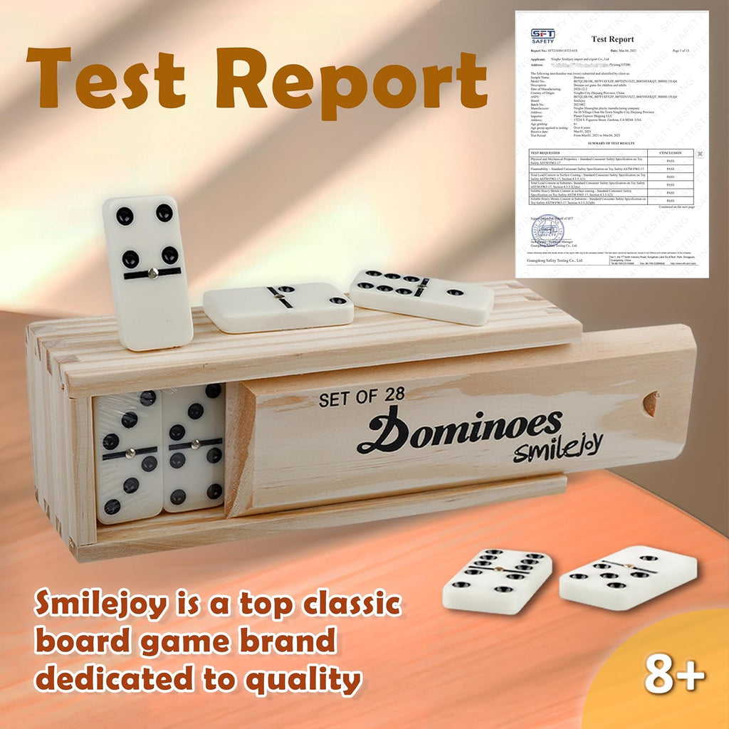Smilejoy Dominoes Set for Adults, Domino Set for Classic Board Games, Double 6 Domino Game Set 28 Pieces with Natural Wood Case (2 Players)
