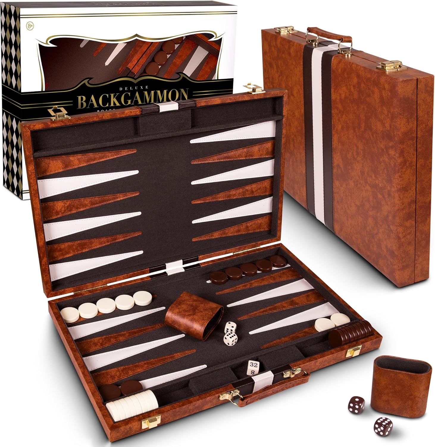 Backgammon Sets for Adults with Premium Leather Case | Classic Travel Backgammon Set for Adults and Kids with Strategy & Guide | 15 Inches | Medium | Brown