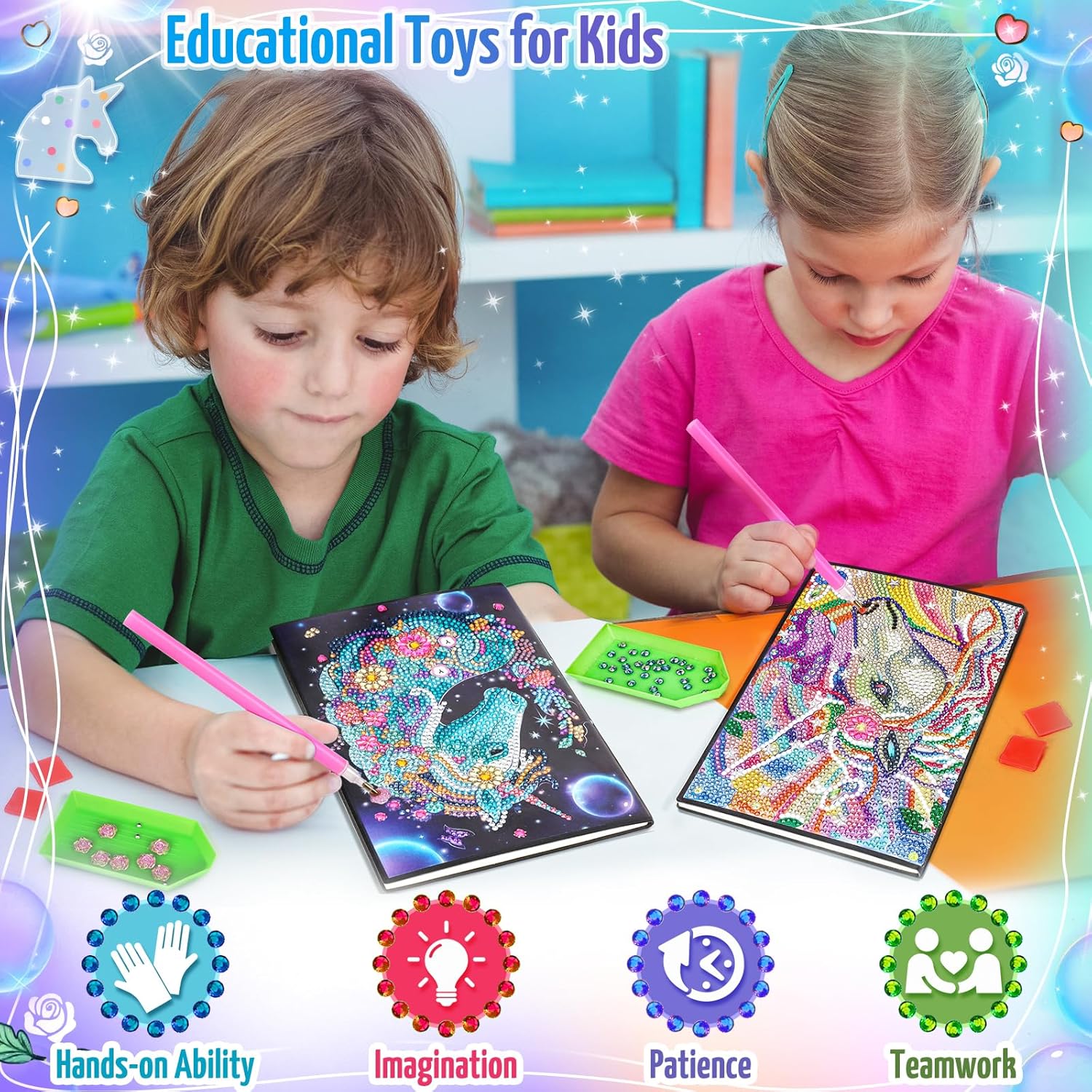 Unicorn Gifts for Girls 5 7 8 9 Year Old, Craft Kits for Kids Age 6 8 10 12 Diamond Painting Kit Unicorns Notebook Toys for 7-11 Year Olds Girls Birthday Gifts Gem Arts and Crafts for Kids Stationary