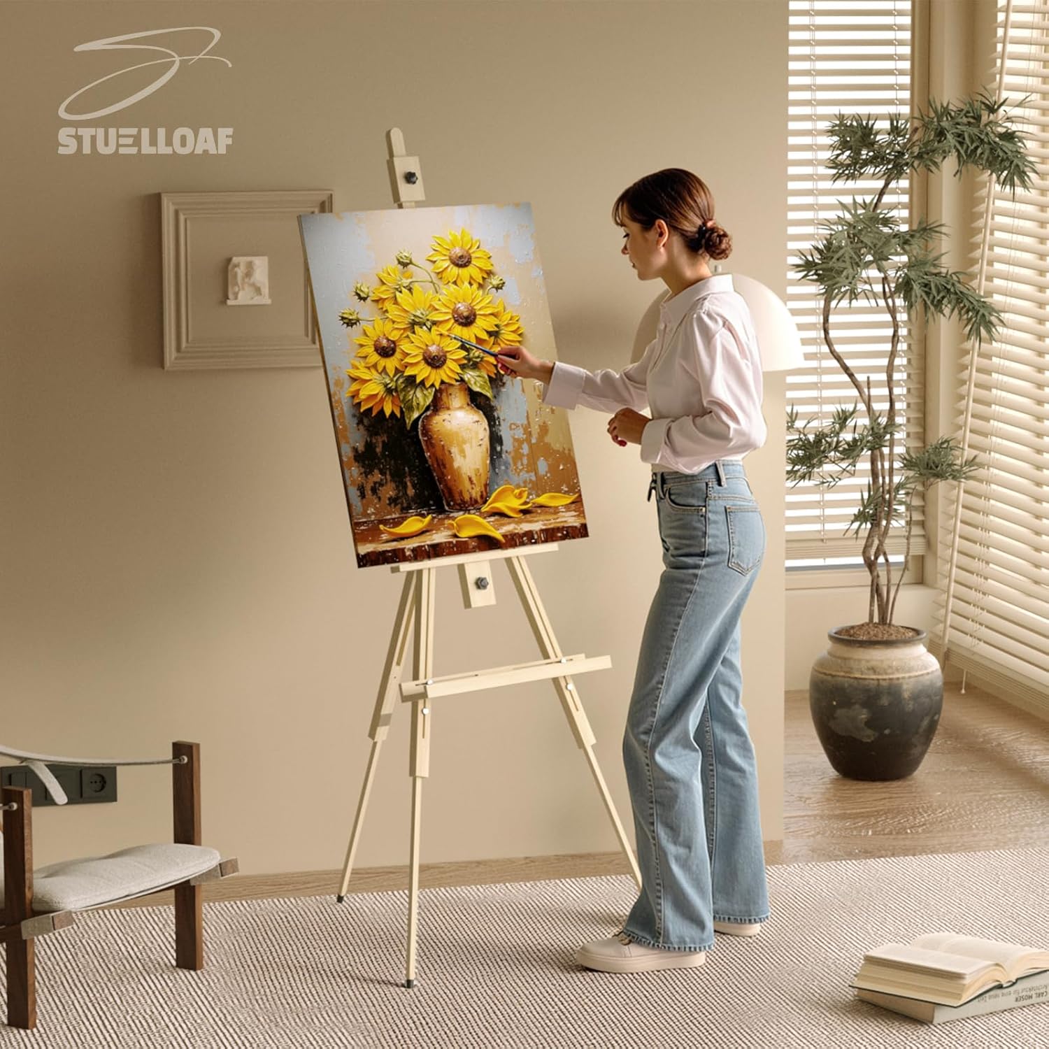 Tripod Easel for Painting, Art Wooden Easel Stand for Adults or Students, Hold 1 or 2 Canvas up to 60’’, Display Portable Easel for Drawing, Landscape Artist, Wedding Sign, Pine