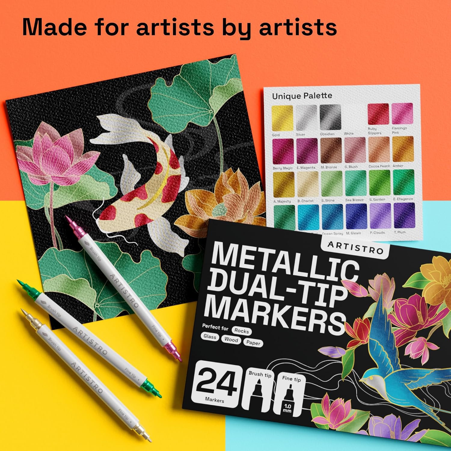 ARTISTRO 24 Metallic Dual Tip Brush + Fine Acrylic Paint Markers - Easy for All Ages & Levels Paint Pens for Fabric, Rock, Glass, DIY - Halloween Pumpkin Painting Kit, Art Supplies, Christmas Gift