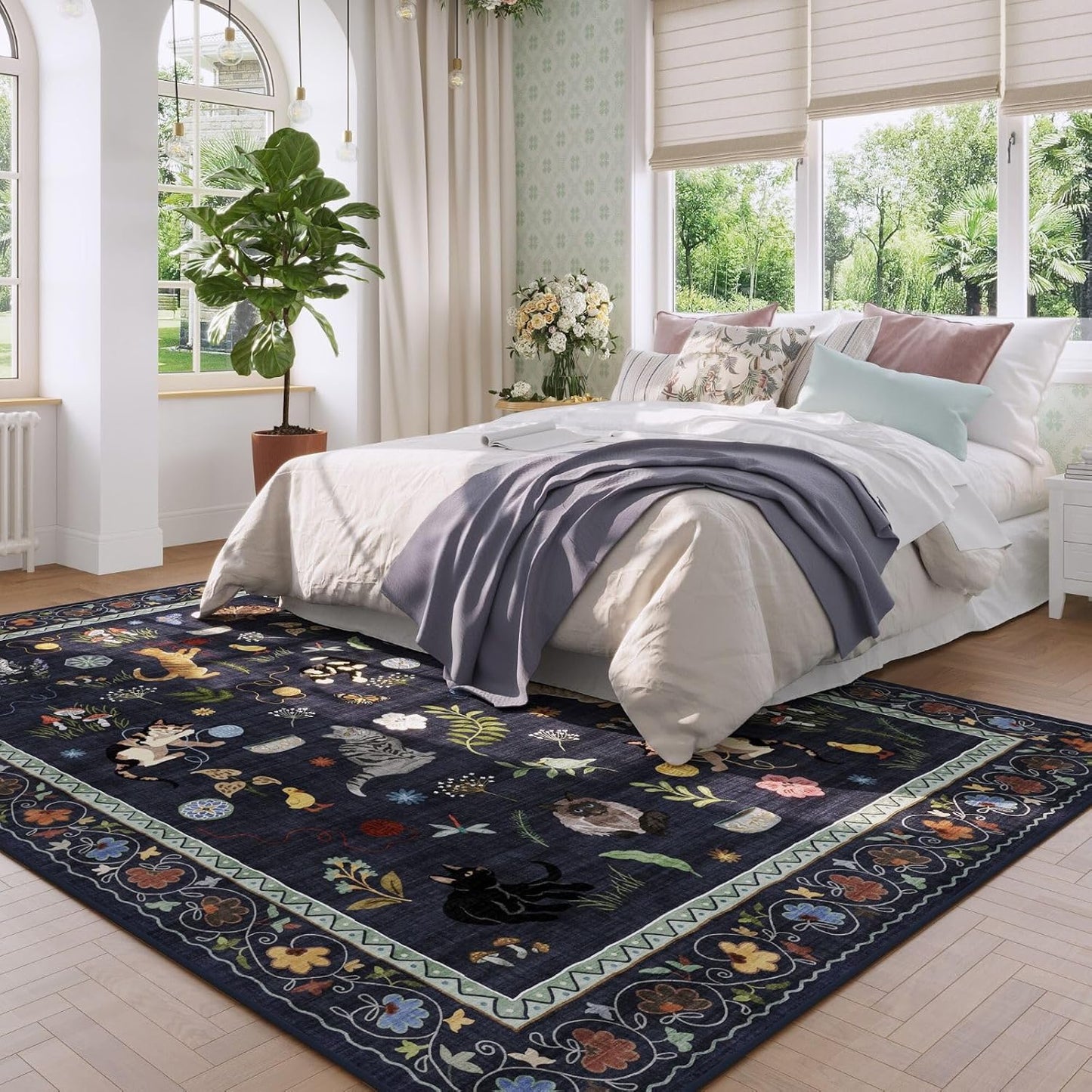 Rugcomf Area Rugs 8x10 Rug for Living Room Clearance Washable Boho Area Rug Non Slip Floral Animal Cat Vintage Low Pile Large Rug for Bedroom Farmhouse Dining Room Kids Playroom, Cobalt Blue