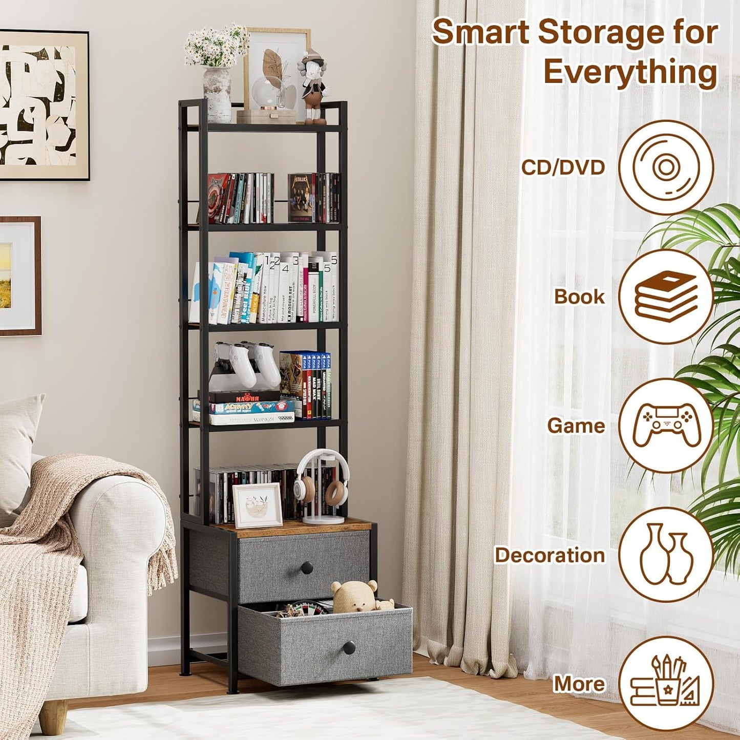 CD Storage Rack with Drawer, 5-Tier DVD Organizer Shelf w/Adjustable Book Stoppers, Media Storage Rack for CD/DVD, Books & Games, Ideal for Living Room & Home Office – 15.7x11.8x56.5Inches