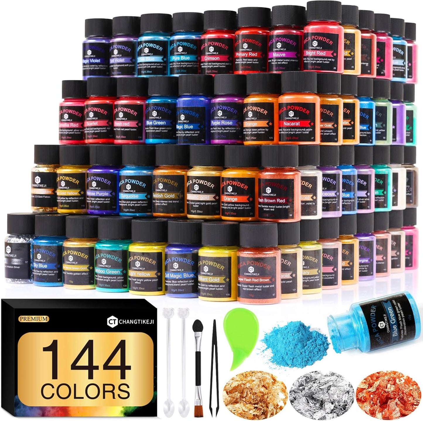 CHANGTIKEJI Mica Powder - 144 Colors - 10g/Bottle of Natural Pigment for Epoxy Resin，Eye Shadow,Car Freshies,Soap Making,Nail Polish,Candle Making,Bath Bombs